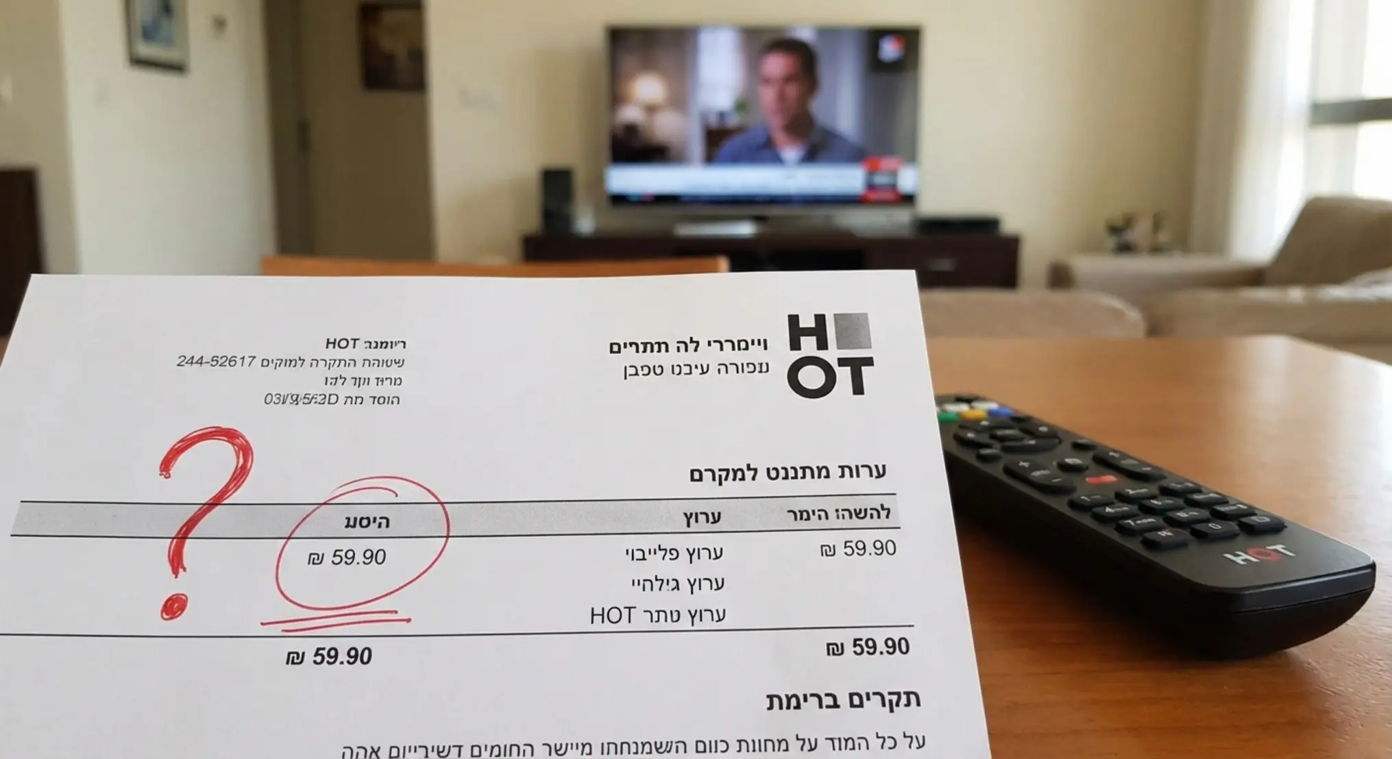 חשבונית כבלים של HOT המונחת על שולחן, עם חיוב בולט עבור ערוץ טלוויזיה מסוים, המודגש בצבע אדום או מוקף בסימן שאלה גדול. לצדה מונח שלט רחוק, וברקע מטושטש נראית טלוויזיה.