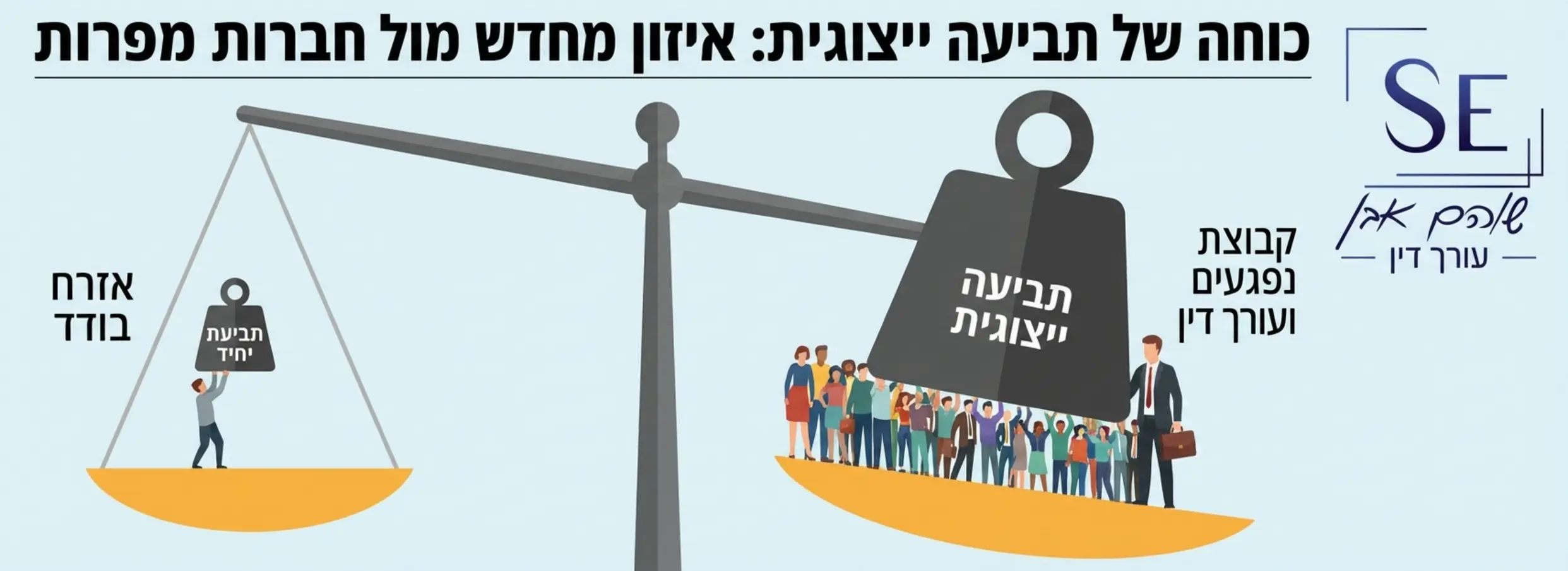 תרשים המתאר מאזניים: בצד אחד אזרח בודד עם משקולת קלה, ובצד השני קבוצת אנשים גדולה המיוצגת על ידי עורך דין עם משקולת כבדה המכריעה את הכף כנגד חברה מפרה