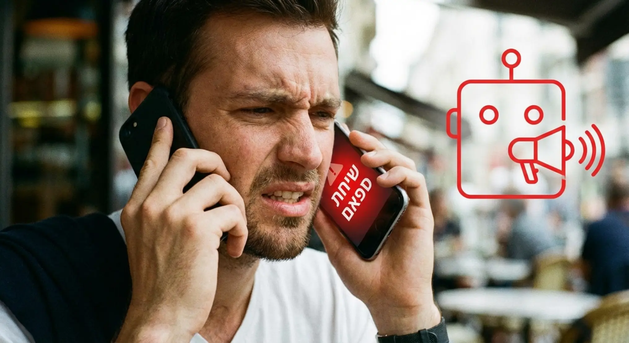 תמונה המציגה אדם מתוסכל או מוטרד, אוחז בסמארטפון צמוד לאוזנו. על מסך הטלפון מוצגת התראה בולטת בצבע אדום עם הכיתוב 'שיחת ספאם' או 'שיחה לא רצויה', ולצידה או מאחוריה, איור מינימליסטי של ראש רובוט או אייקון של מגפון המפיץ רעש, המסמל את השיחות האוטומטיות למטרות פרסום. הרקע יכול להיות מעט מטושטש, כדי למקד את תשומת הלב באדם ובטלפון.