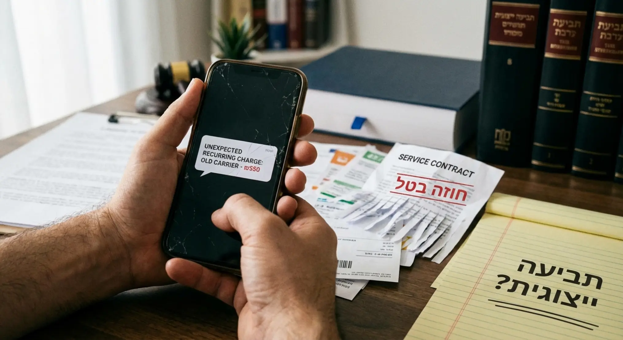 תקריב של ידיים מתוסכלות המחזיקות סמארטפון, שעל מסכו מוצג חיוב חוזר בלתי צפוי מחברת סלולר קודמת. לצד הטלפון מונחת ערימה של חשבונות מבלבלים וחוזה שירות מקומט או גרוס, המדגישים את תחושת העוול והשאלה המשפטית. הרקע מטושטש קלות, עם רמזים למשרד או למסמכים משפטיים, המשדר תסכול וחיפוש פתרון.