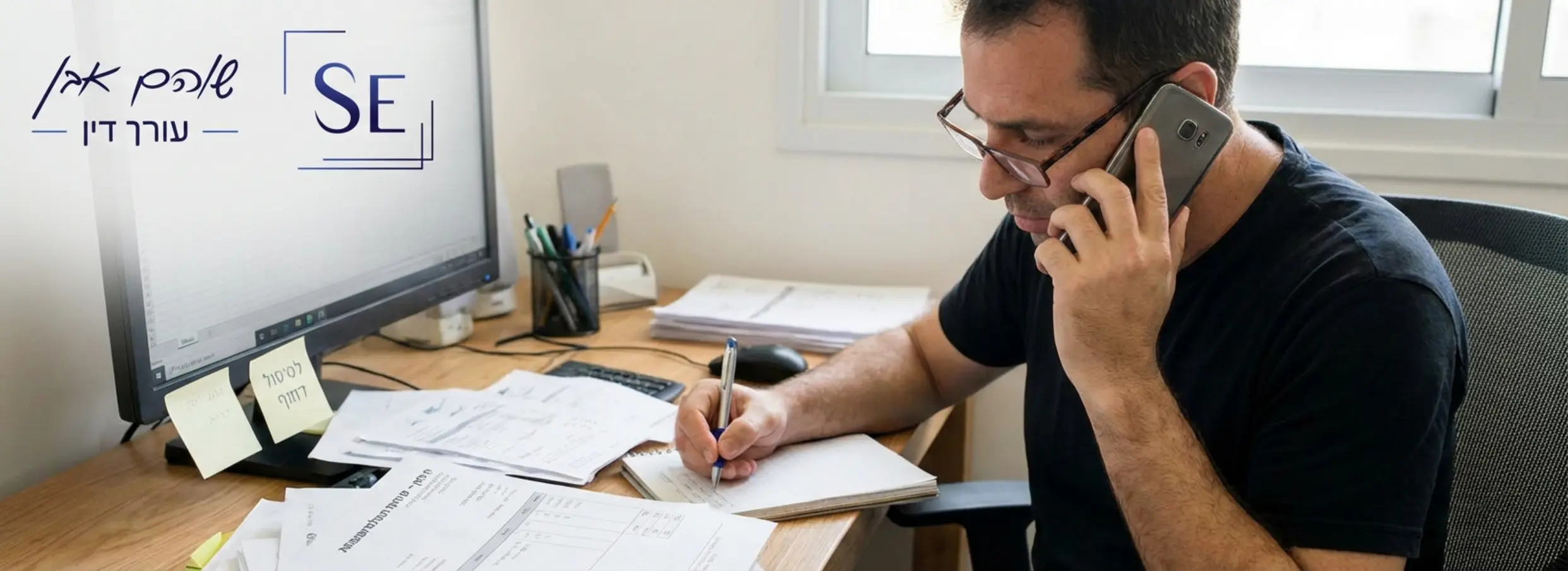 תמונה של אדם יושב מול מחשב עם ערימת חשבוניות, מחזיק טלפון ביד אחת ועט ביד השנייה, רושם הערות בצורה מסודרת ומרוכזת