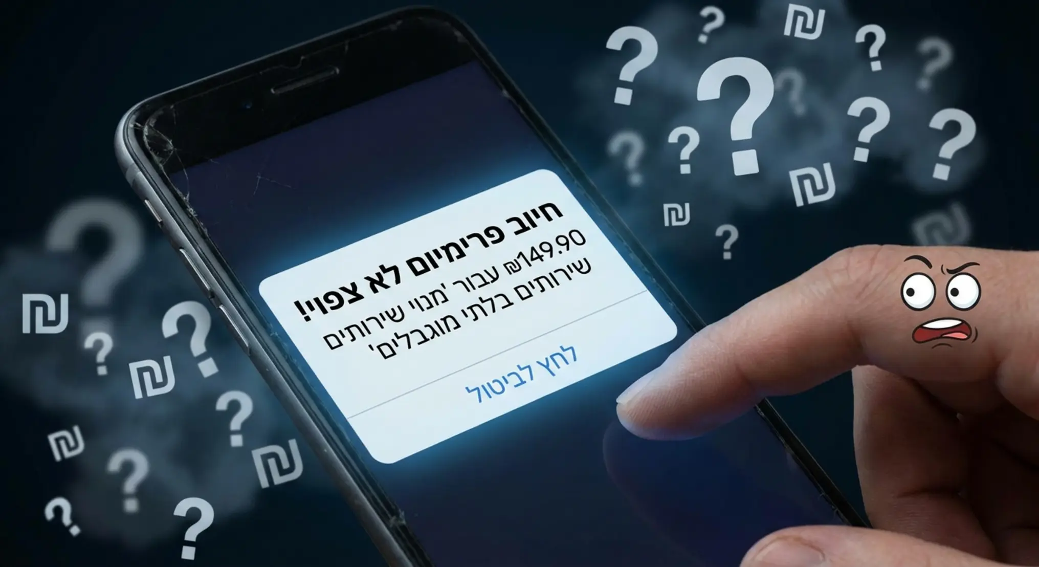 תמונת תקריב של סמארטפון, שעל מסכו מופיעה הודעת חיוב מפתיעה ולא רצויה עבור 'שירותי פרימיום' או 'הרשמה לשירותים'. ברקע, עשויים להופיע סימני שאלה רבים או סימני מטבע (כגון שקלים או דולרים) מפוזרים באופן לא ברור, המעידים על חיובים נסתרים או עמימות. ייתכן שיד מנסה לגעת במסך בתסכול או בבלבול.