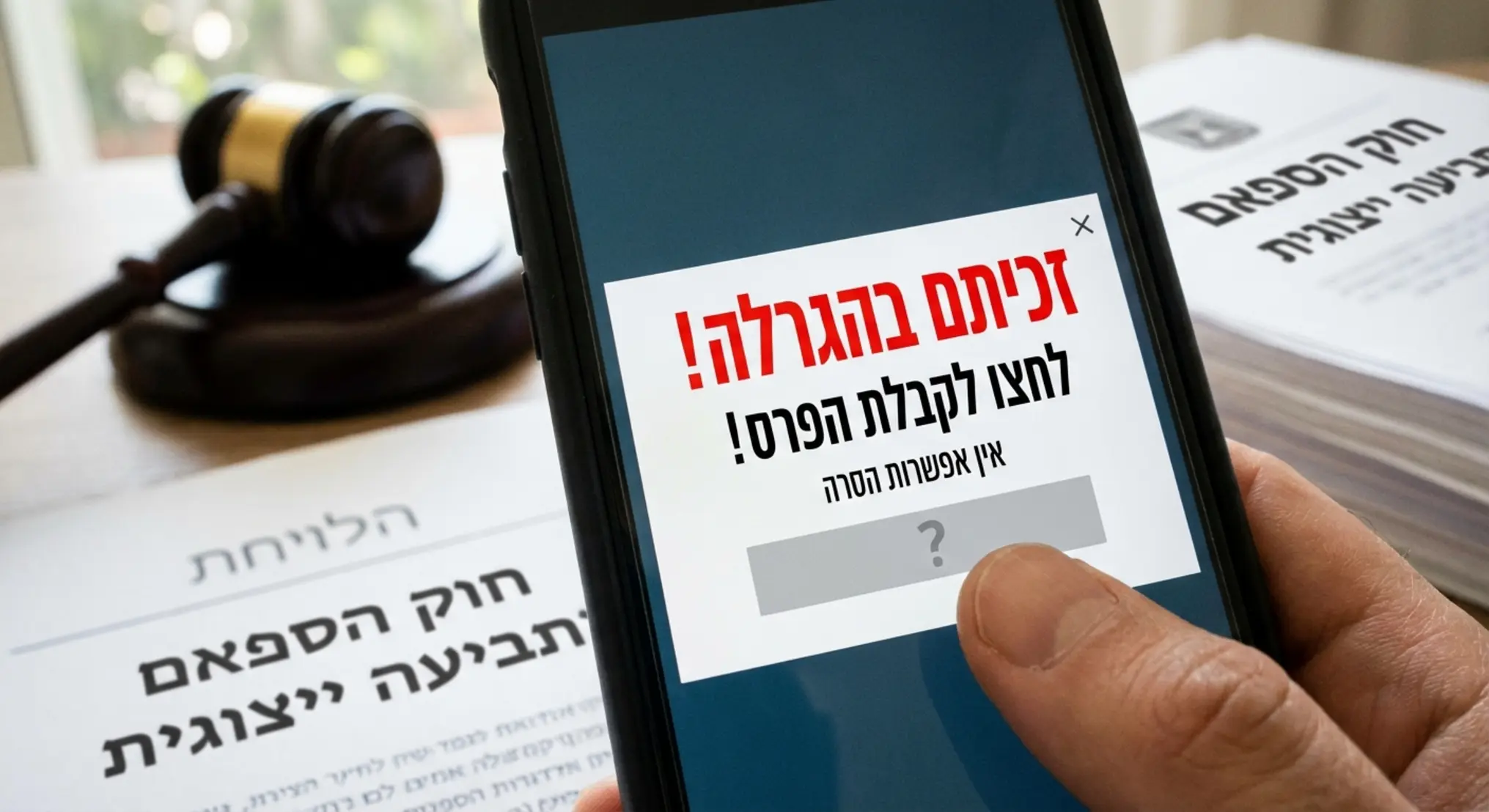 תמונה מקרוב של סמארטפון שעל מסכו מוצגת הודעת פרסומת טקסטואלית בולטת. המקום שבו אמורה להופיע אפשרות ה'הסר' (Unsubscribe) ריק או מסומן בצורה ברורה כלא קיים. ברקע, מטושטשים קלות, נראים פטיש שופטים או ערימת מסמכים משפטיים, המדגישים את השאלה המשפטית הכרוכה בקבלת הודעות ספאם ללא אפשרות הסרה.