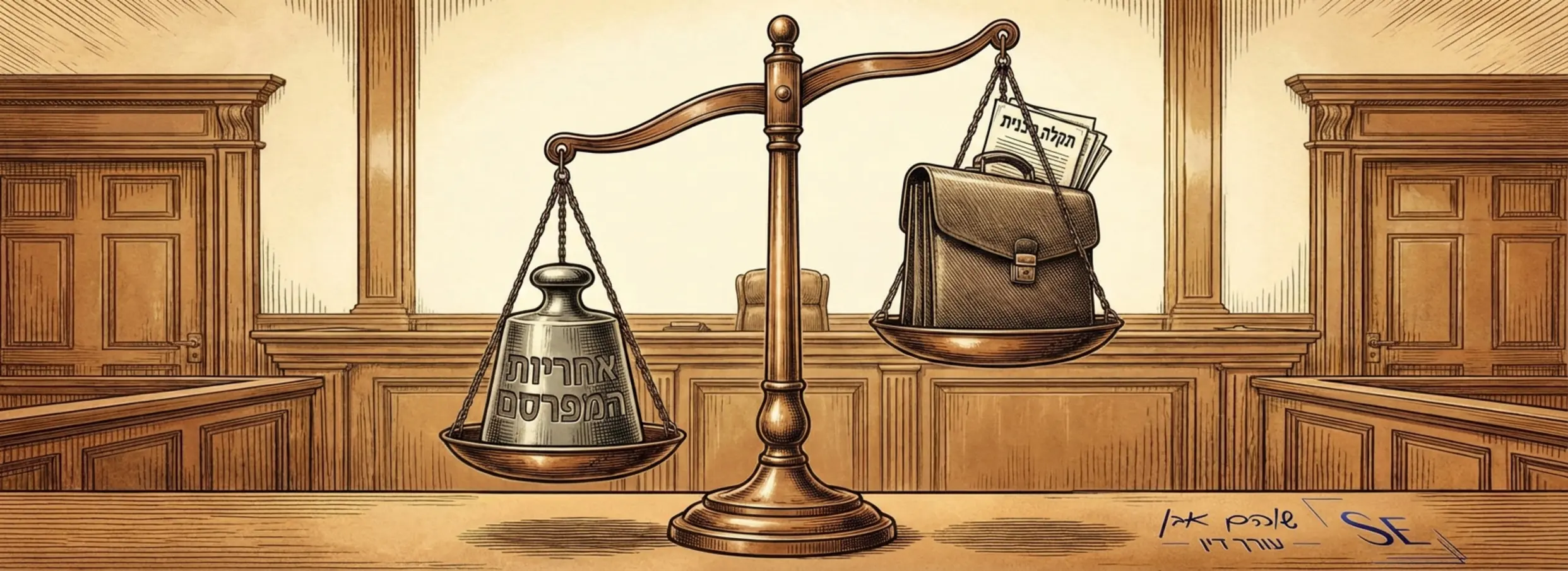 איור הממחיש את המאזניים של בית המשפט, כאשר בצד אחד מונח תיק מסמכים עם הכיתוב 