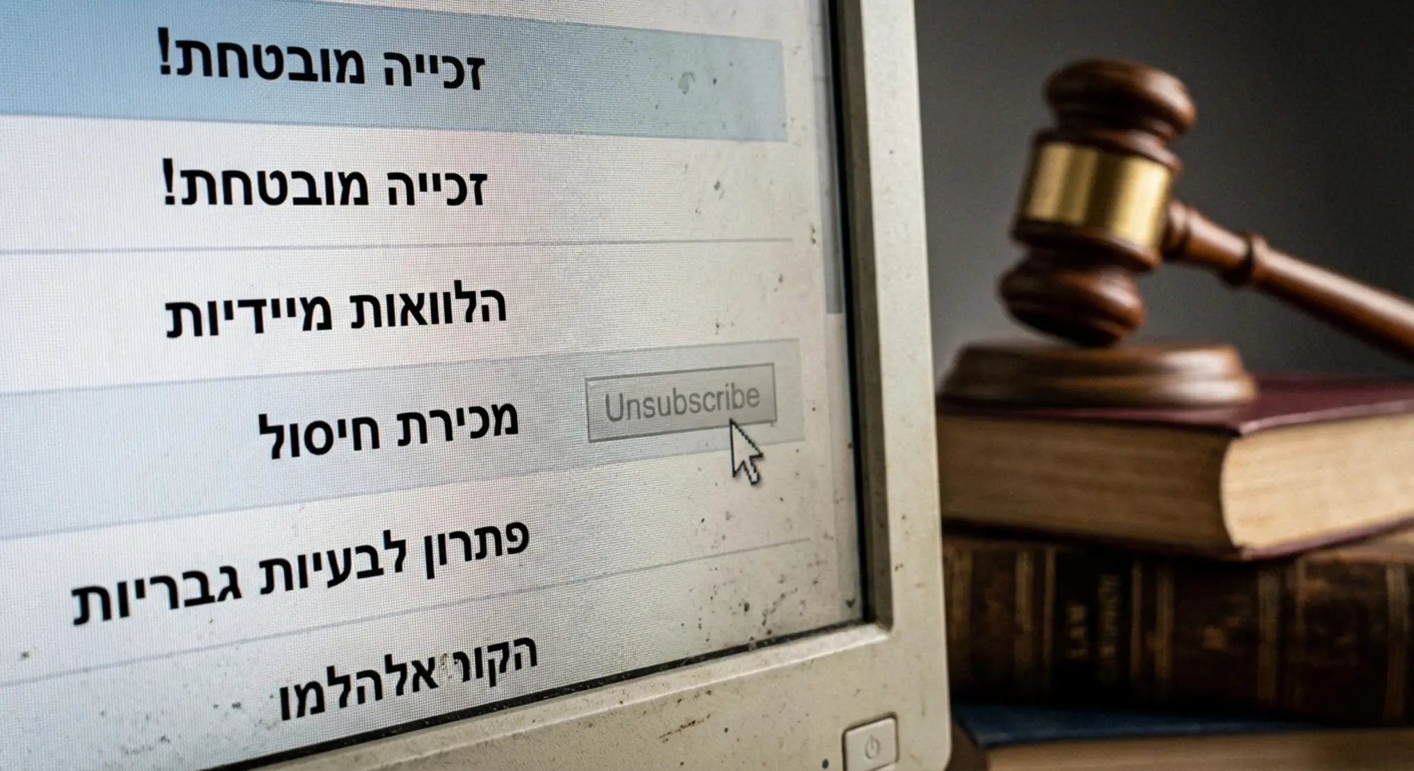 צילום תקריב של מסך מחשב המציג תיבת דואר אלקטרוני (אינבוקס) עמוסה בהודעות ספאם רבות ולא רצויות. כפתור 'הסר מרשימה' (Unsubscribe) באחת ההודעות נראה מטושטש או לא פעיל, המסמל את חוסר היעילות של הבקשות להתנתק. ברקע, רמז עדין לפטיש שופטים (גבון) או ערימת ספרי חוקים, המצביע על הפתרון המשפטי לבעיה.