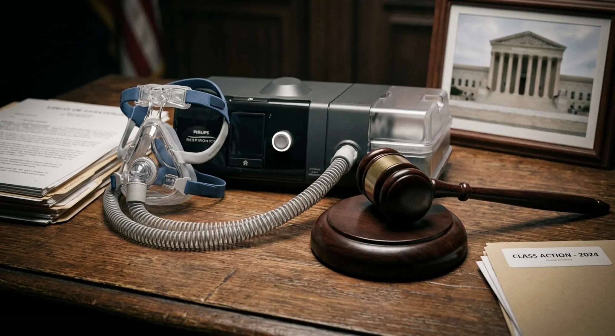 תצלום תקריב של מכשיר נשימה ביתי (CPAP) ומסכת נשימה המונחים על שולחן עץ לצד פטיש שופטים, הממחיש את השילוב בין עולם המכשור הרפואי להכרעה המשפטית הדרמטית בתובענה הייצוגית.
