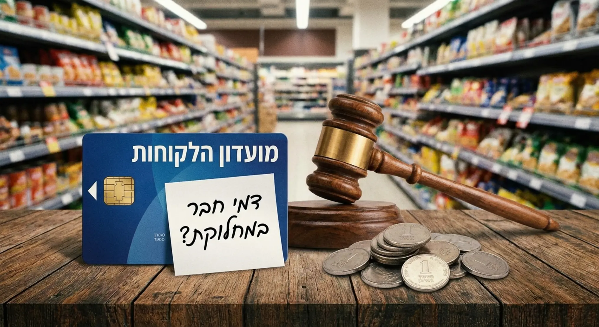 תמונה המציגה כרטיס אשראי מונח על שולחן עץ לצד פטיש שופטים וערימת מטבעות של שקלים בודדים, כשברקע מטושטש נראים מדפי סופרמרקט עמוסים, הממחישה את המחלוקת המשפטית סביב גביית דמי החבר במועדון הלקוחות.
