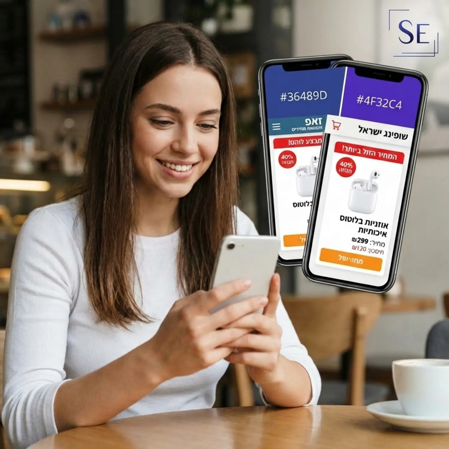 צרכן אוחז בטלפון נייד ומשווה מחירים באתרי אינטרנט שונים, כאשר על המסך מופיעות תוויות מבצע בצבע אדום ובולט