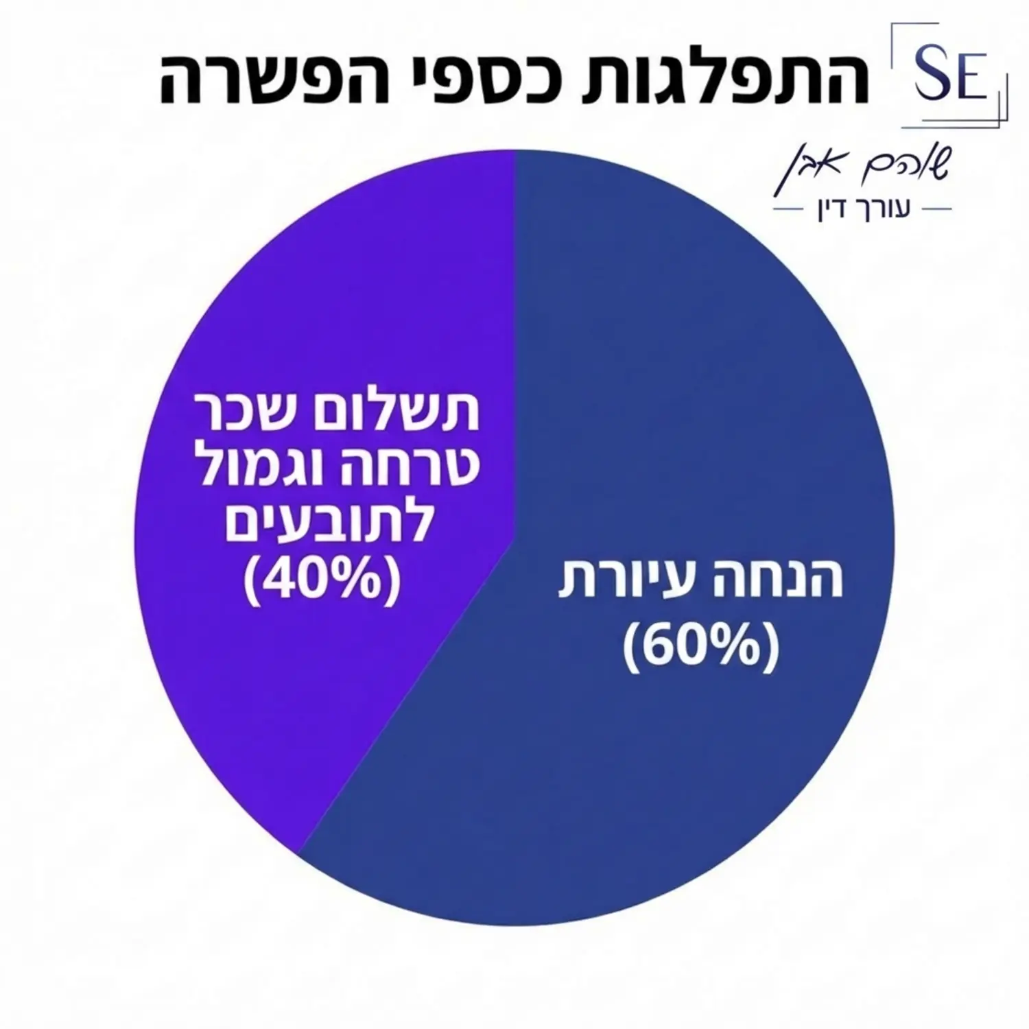 תרשים עוגה המציג את התפלגות כספי הפשרה, מראה את החלק היחסי של ההנחה העיוורת לעומת תשלום שכר הטרחה והגמול לתובעים