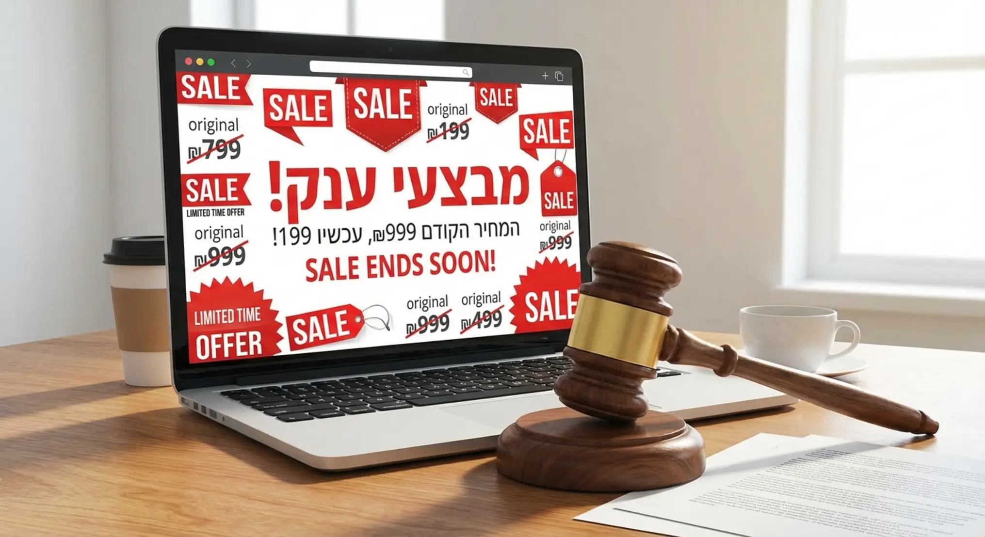 **כותרת:** סוף למבצעים ה"נצחיים" והפיקטיביים: אושר הסדר פשרה בתביעה ייצוגית נגד אתר מכירות **תיאור לתמונה:** מסך מחשב המציג אתר קניות עם שלטי "SALE" אדומים ומחירים "קודמים" מחוקים באופן בולט, כשלידו מונח פטיש שופט מעץ המייצג את פסיקת בית המשפט והסדרת המבצעים לטובת הצרכנים.