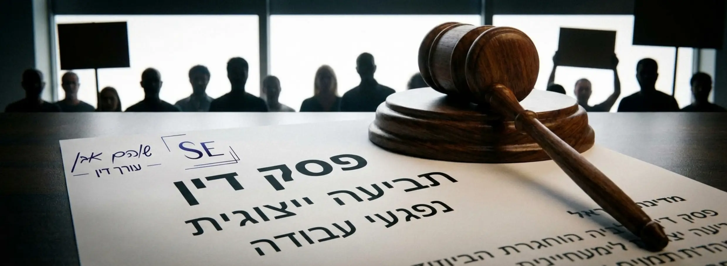 תמונה של פטיש שופטים מונח על מסמכים משפטיים וברקע צלליות של קבוצת אנשים המייצגים את הציבור הנפגע