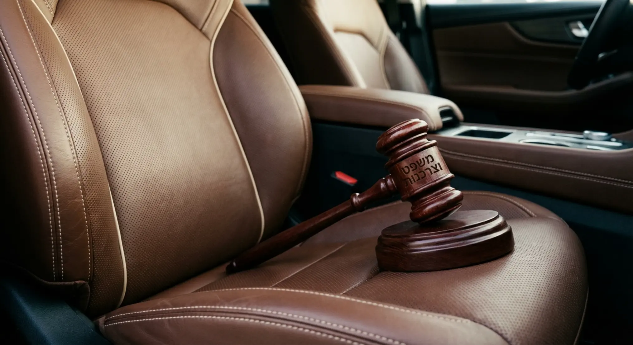 תקריב אמנותי ומקצועי של מושבי עור בתוך תא נהג של מכונית מודרנית, כשעל המושב מונח פטיש שופטים מעץ המייצג את ההכרעה המשפטית. התמונה מתמקדת בטקסטורת הריפוד ובחיבור שבין עולם הרכב והצרכנות לבין בית המשפט, עם תאורה אלגנטית המדגישה את פרטי התפרים של המושב.