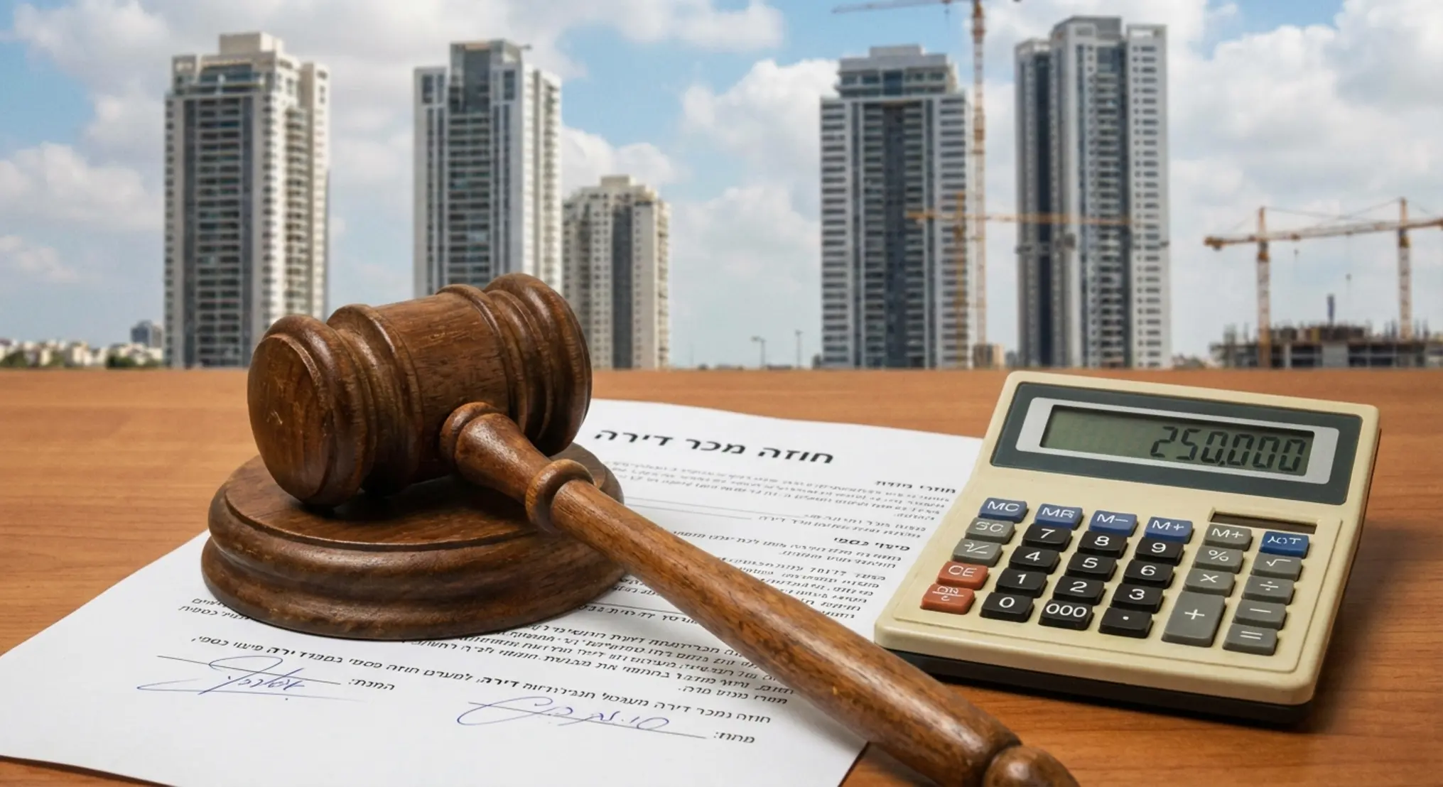 צילום תקריב של פטיש שופט מעץ המונח על גבי חוזה מכר דירה ומחשבון, כשברקע נראים בנייני מגורים מודרניים ומנופי בנייה. התמונה משלבת בין עולם המשפט לעולם הנדל"ן וממחישה את נושא הפיצוי הכספי שנקבע בפסק הדין.