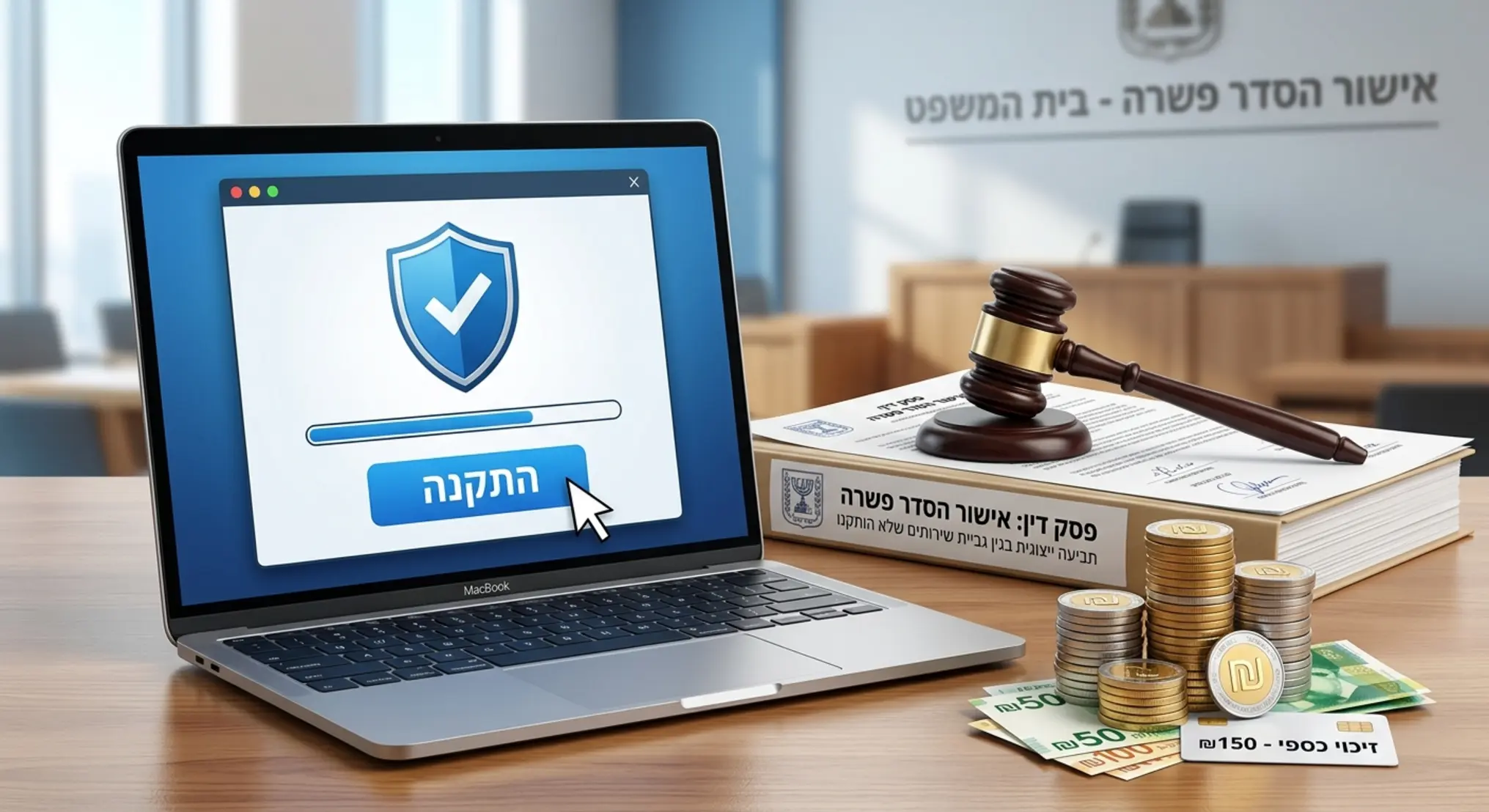 תמונה אילוסטרטיבית המציגה מחשב נייד שעליו מופיע סמל מגן של תוכנת אנטי-וירוס עם כפתור "התקנה" שלא נלחץ, ולצדו ערימת מטבעות וסימן של זיכוי כספי. ברקע מונח פטיש שופט מעץ על גבי מסמכי פסק דין, המייצג את אישור הסדר הפשרה בבית המשפט בגין גבייה על שירותים שלא הותקנו בפועל. העיצוב מקצועי ונקי, בגוונים של כחול, לבן וכסף, המתאים לכתבה בנושא צרכנות ומשפט.