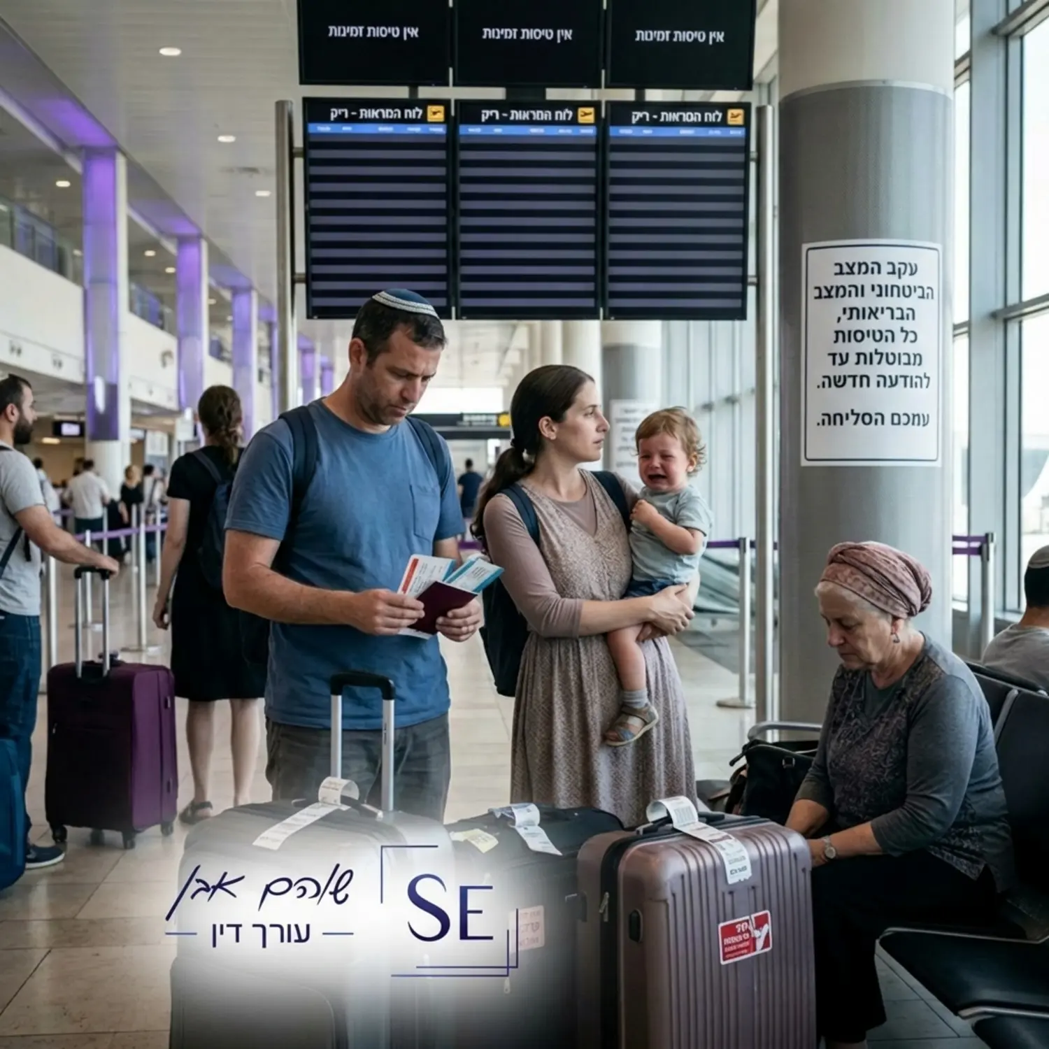 תמונה של נוסעים ישראלים אוחזים בכרטיסי טיסה ומזוודות על רקע לוח המראות ריק בנמל תעופה, להמחשת עוגמת הנפש מביטולי טיסות בצל המלחמה והקורונה