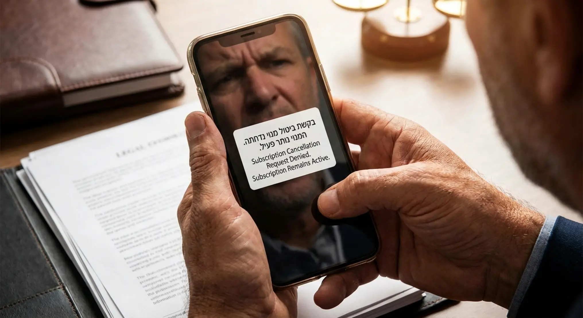 תמונה המציגה כפות ידיים האוחזות בסמארטפון, על המסך נראית הודעת אישור מנוי פעיל או דחיית בקשת ביטול, עם הבעת תסכול או בלבול על פני האדם. ברקע מטושטש, מופיעים מסמכים משפטיים או סמל עדין של מאזני צדק, המרמזים על ההיבט החוקי והמאבק הצרכני. האור והקומפוזיציה צריכים להדגיש את הקונפליקט בין בקשת המשתמש לבין הסירוב שקיבל.