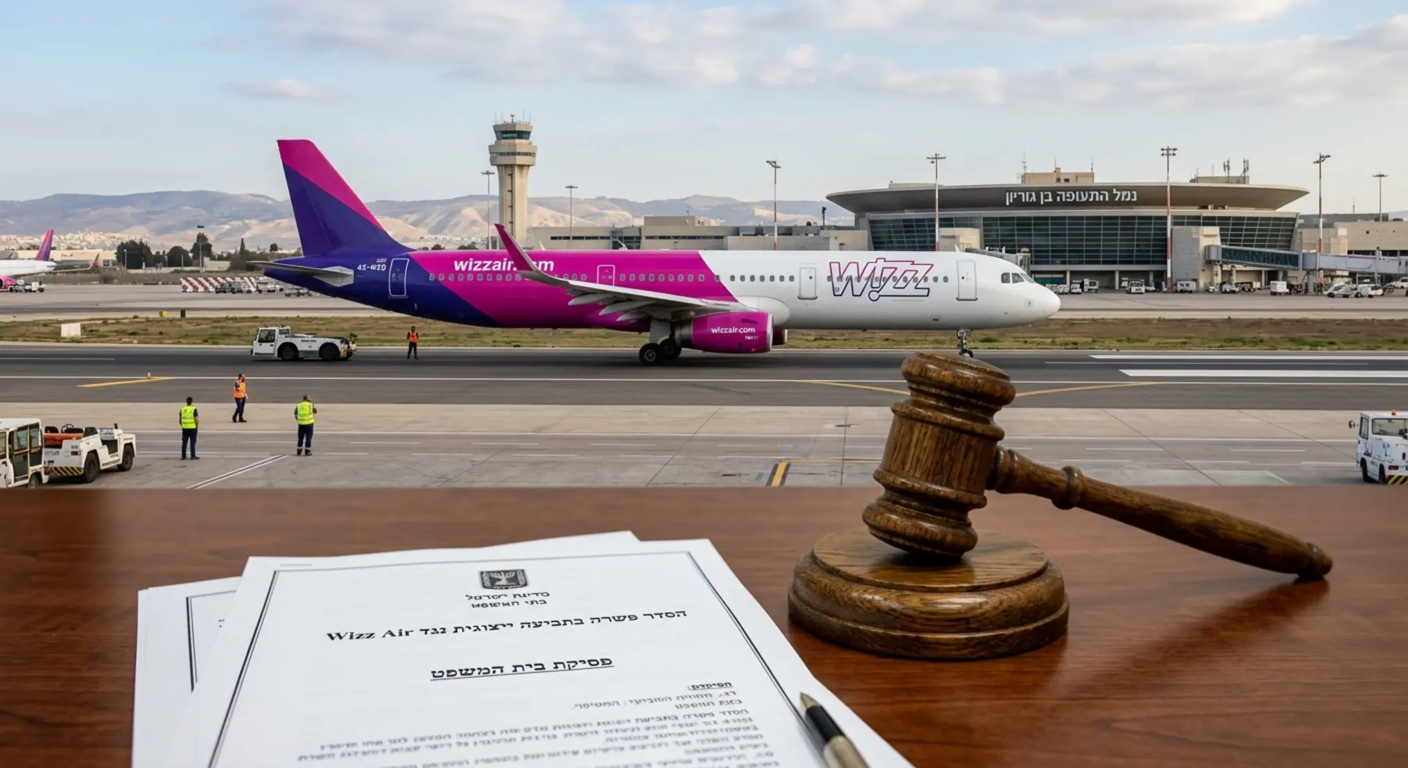 תמונה איכותית של מטוס וויז אייר (Wizz Air) בצבעי ורוד וסגול על מסלול המראה בנמל התעופה בן גוריון, כשבחזית התמונה מונח פטיש שופט מעץ על שולחן, המסמל את פסיקת בית המשפט והסדר הפשרה בתביעה הייצוגית.