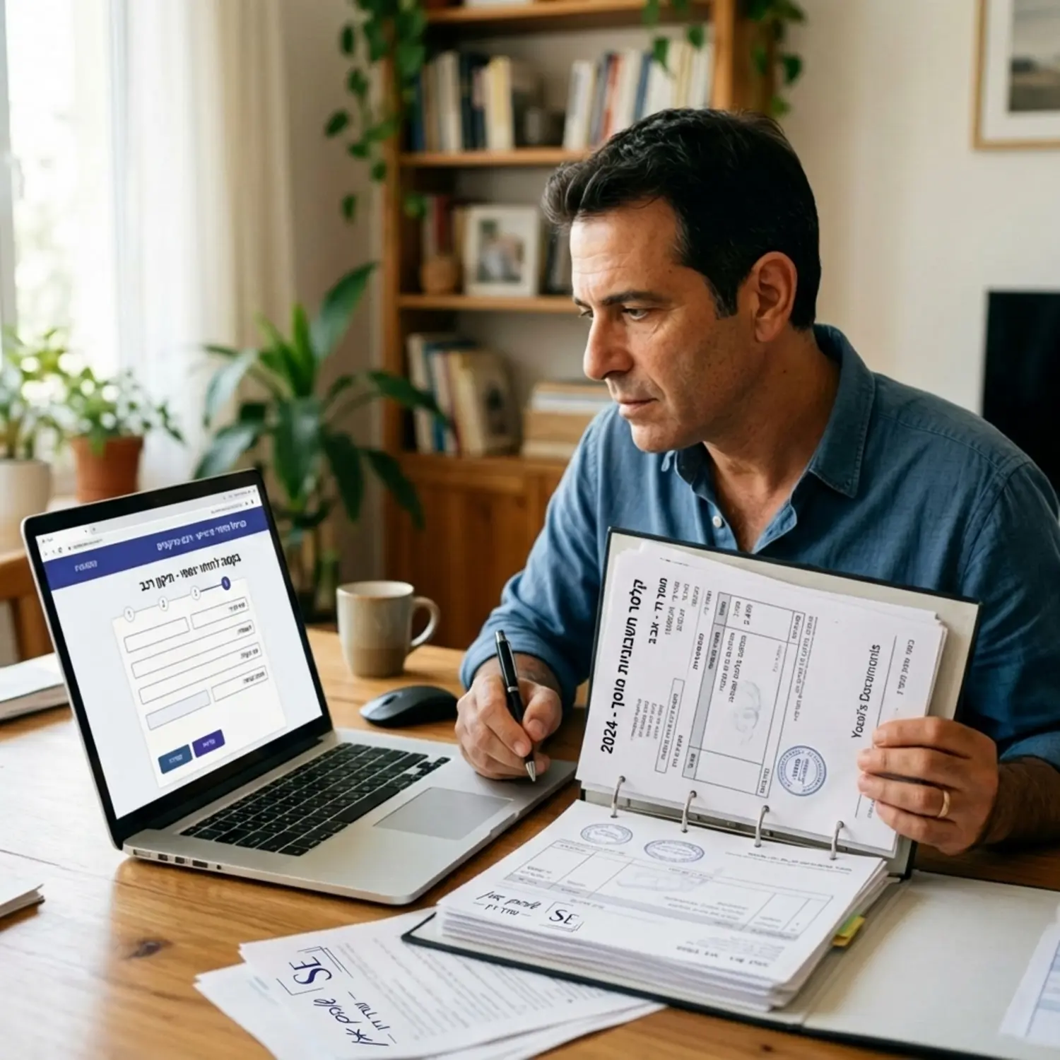 תמונה של אדם יושב מול מחשב נייד, אוחז בקלסר עם חשבוניות מוסך, וממלא טופס מקוון לשם קבלת פיצויים והחזרים כספיים