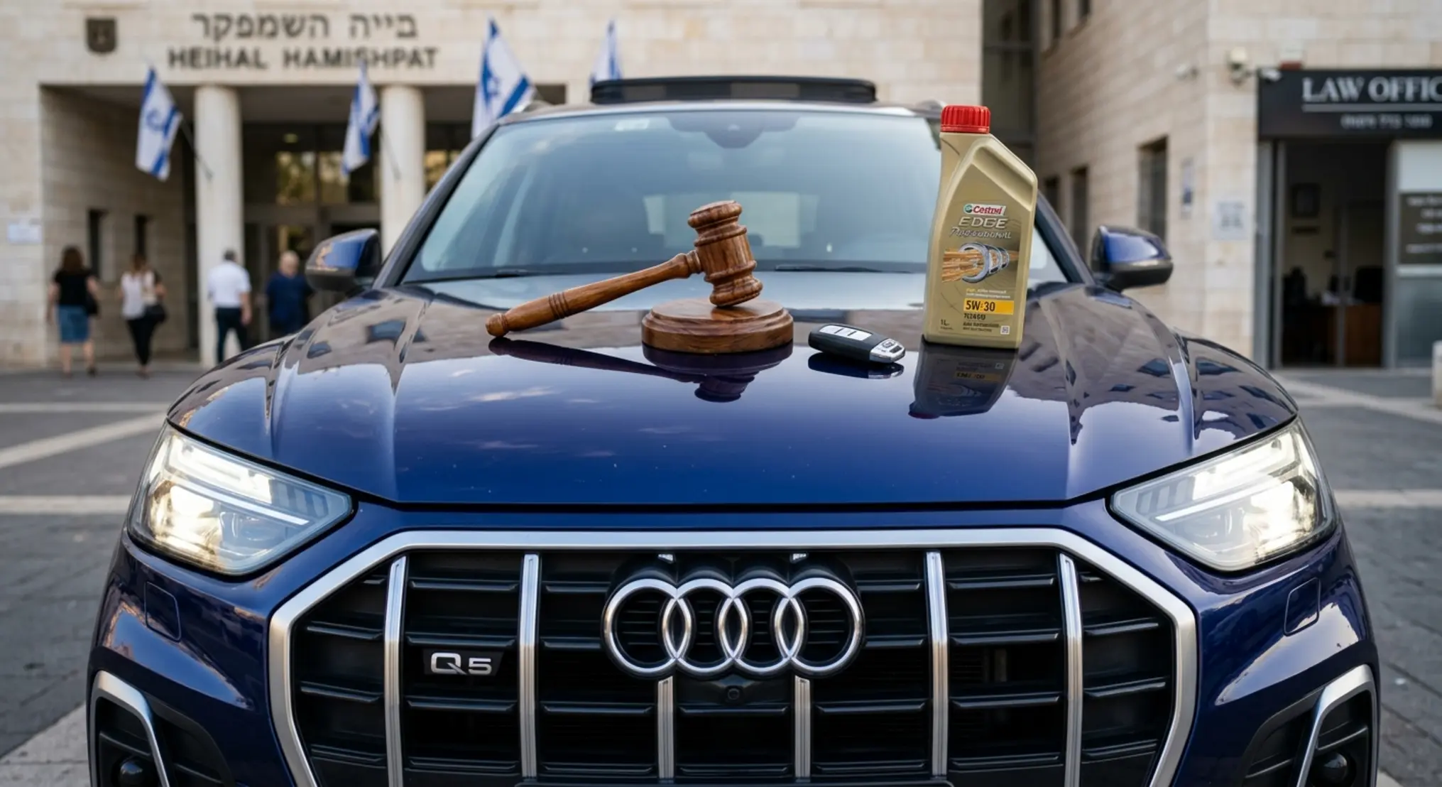 תקריב מקצועי של חזית רכב אאודי Q5 יוקרתי, כשעל מכסה המנוע מונח פטיש שופטים מעץ לצד מפתח רכב ומכל שמן מנוע. הרקע מטושטש ומציג היכל משפט או משרד עורכי דין, שילוב הממחיש את הפשרה המשפטית בפרשת מנועי ה-TFSI וצריכת השמן המופרזת.