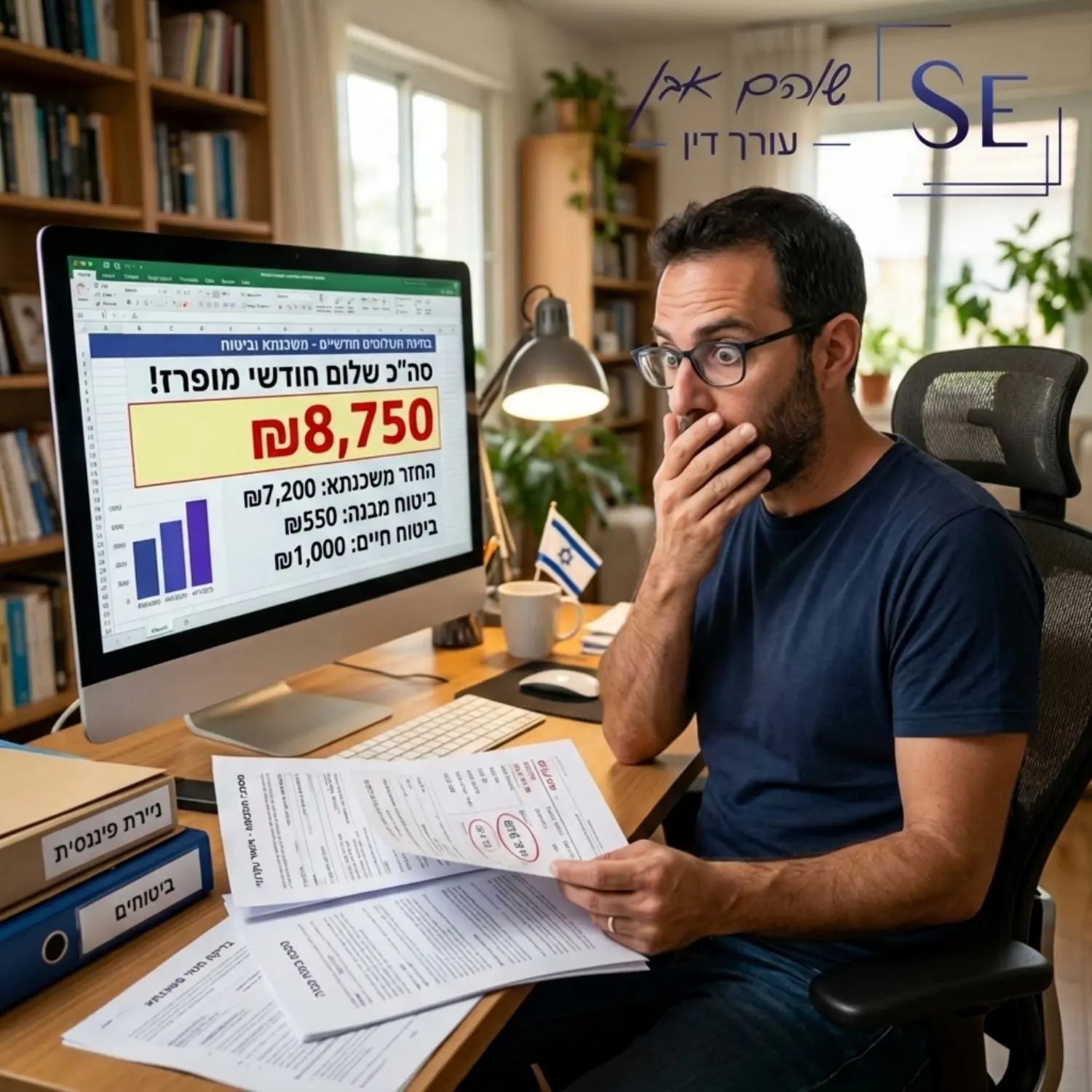 תמונה של אדם בוחן מסמכי משכנתא וביטוח מבנה מול המחשב נראה מופתע מגובה החיוב החודשי