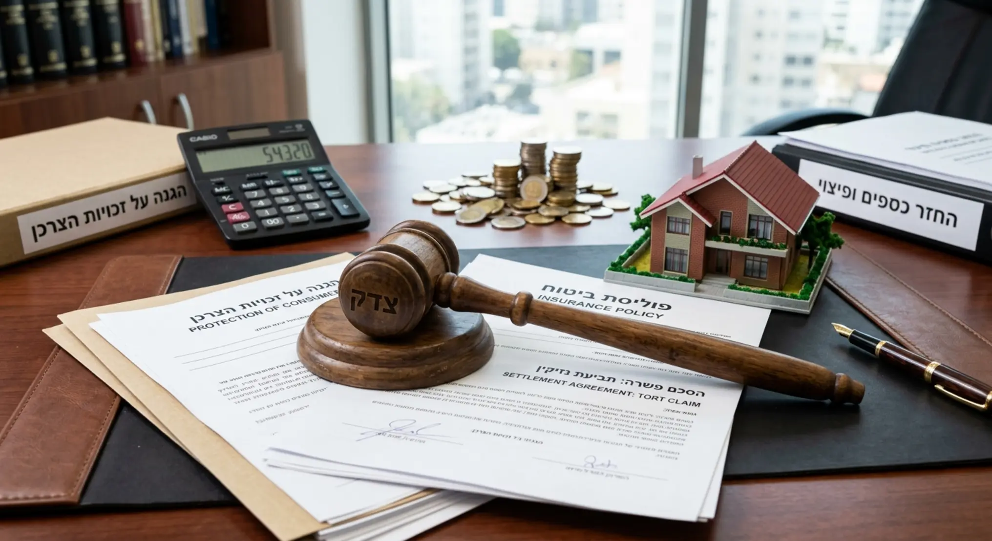 תמונה המשלבת פטיש שופט מעץ המונח על מסמכים משפטיים ופוליסת ביטוח, לצד דגם מיניאטורי של בית מגורים. ברקע ניתן לראות ערימת מטבעות או מחשבון, המסמלים את החזר הכספים והסדר הפשרה. התמונה צריכה לשדר מקצועיות, צדק והגנה על זכויות הצרכן בענף הביטוח.