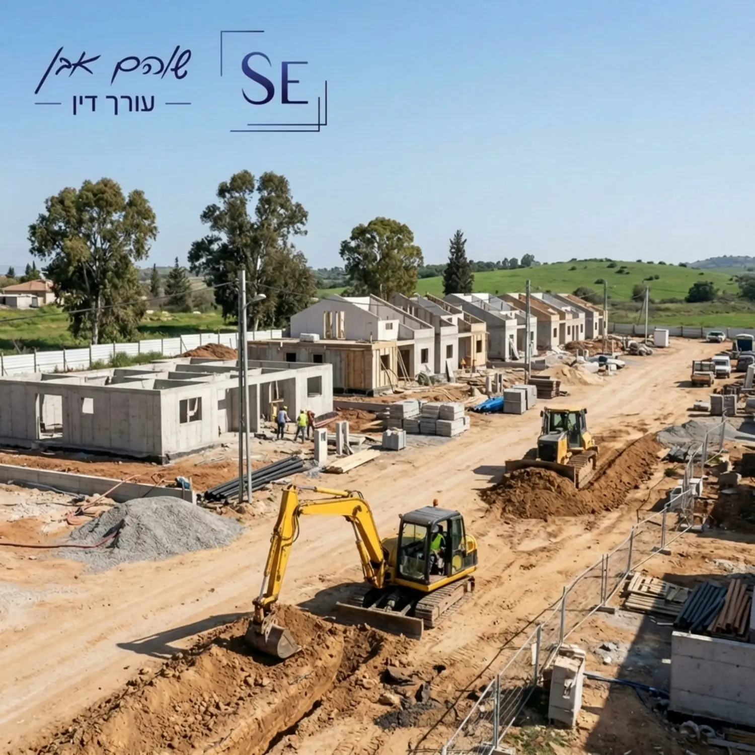 תמונה הממחישה שכונת מגורים חדשה צמודת קרקע בשלבי פיתוח ותשתיות המראה כלים כבדים עובדים בשטח
