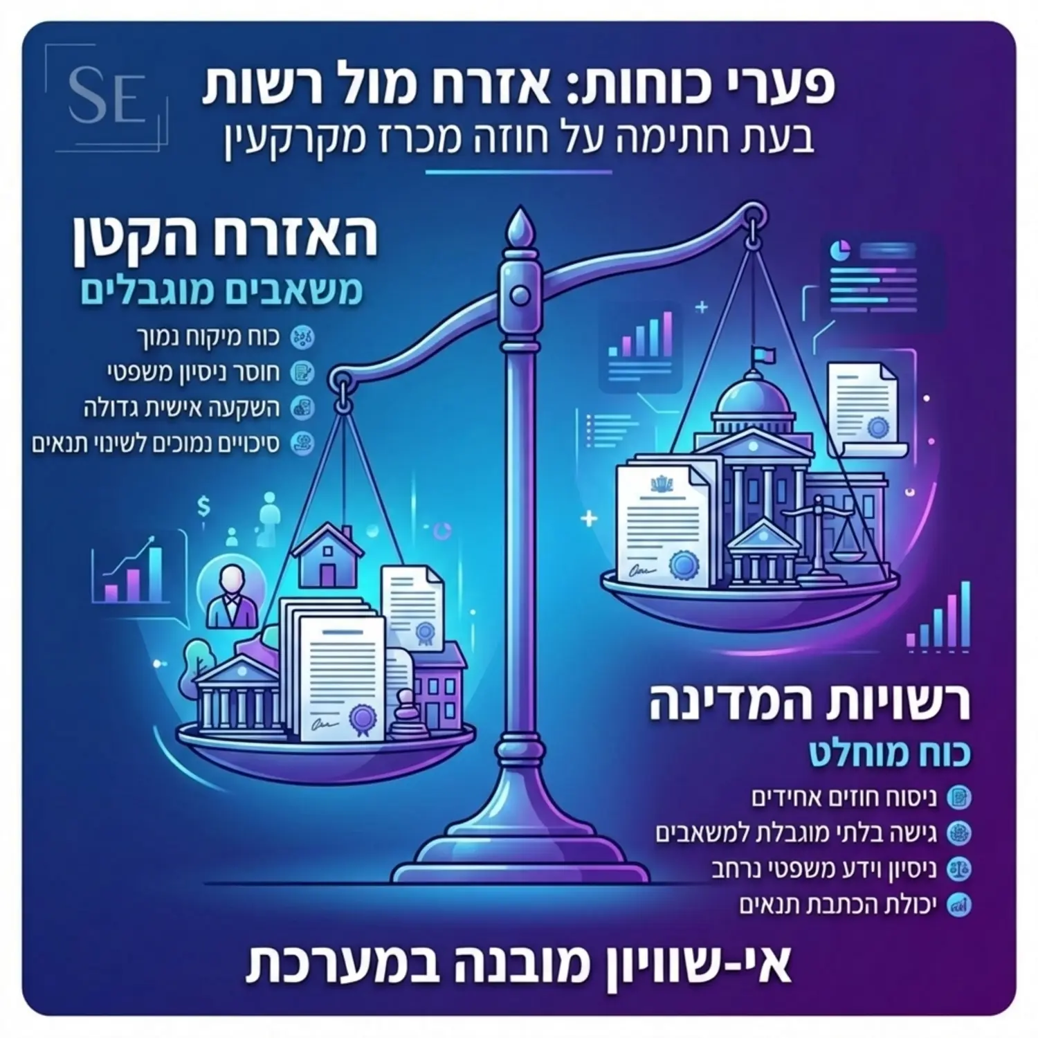 אינפוגרפיקה המציגה את פערי הכוחות בין האזרח הקטן לבין רשויות המדינה בעת חתימה על חוזה מכרז מקרקעין תוך שימוש במאזניים