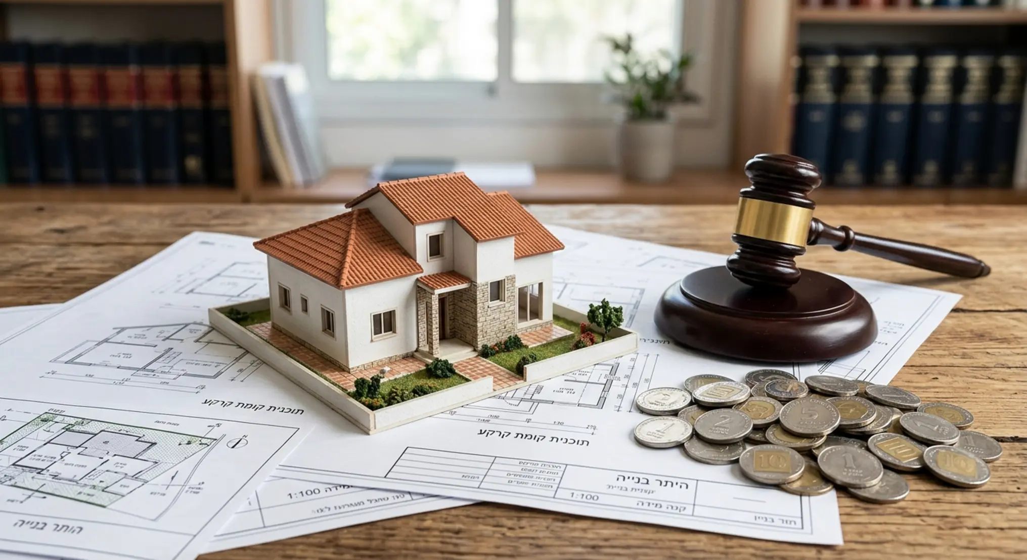 תמונה המציגה דגם מוקטן של בית פרטי צמוד קרקע מונח על גבי תוכניות בנייה אדריכליות, כשלצידו פטיש עץ של שופט וערימות מטבעות שקל ישראלי. הרקע נקי ומקצועי, הממחיש את השילוב בין עולם הנדל"ן, המאבק הכספי והכרעת הדין המשפטית.