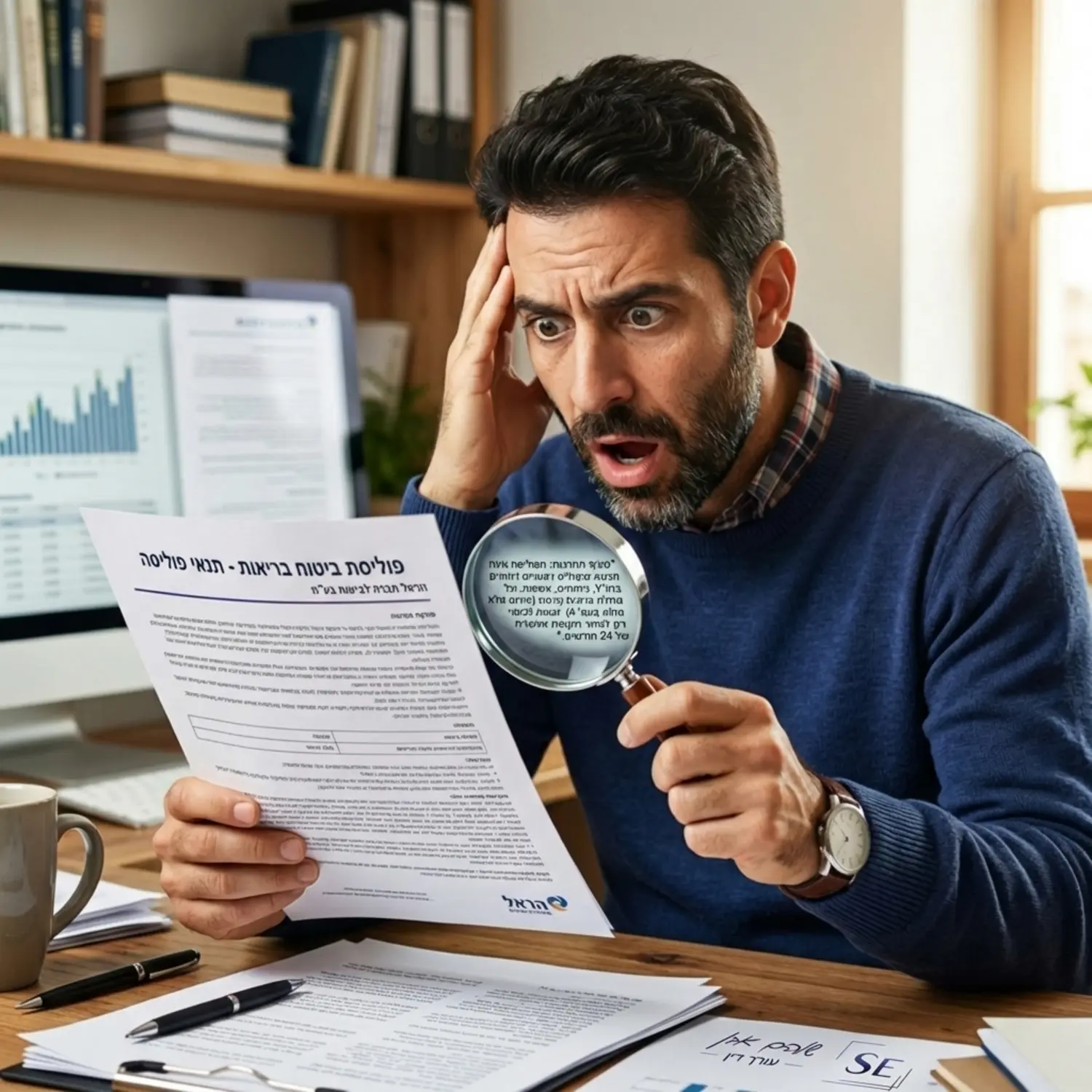 אדם מעיין בפוליסת ביטוח עם זכוכית מגדלת ומגלה סעיף מוסתר בפונט קטן במיוחד, עם הבעת פנים מופתעת ומתוסכלת
