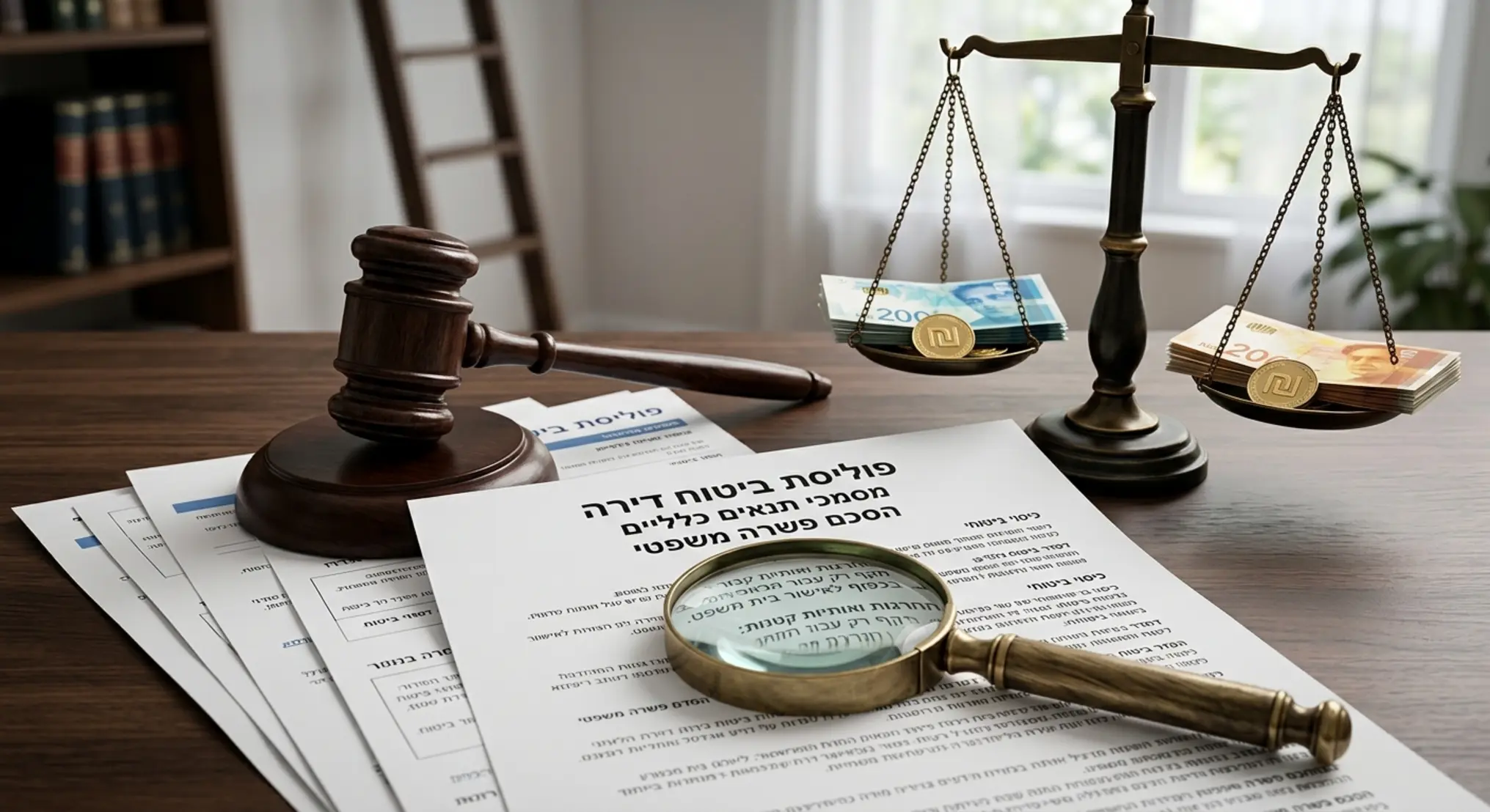 תמונה קונספטואלית מקצועית המציגה פטיש שופט מעץ המונח על מסמכי פוליסת ביטוח בעברית, כשזכוכית מגדלת מדגישה את ה"אותיות הקטנות" בחוזה. ברקע מטושטש מופיעה צללית של סולם ביתי הנשען על קיר, ולצד המסמכים מונחים מאזני צדק ומטבעות זהב המסמלים פיצוי כספי והסדר פשרה. העיצוב נקי, סמכותי ומתאים לכתבה משפטית-כלכלית.
