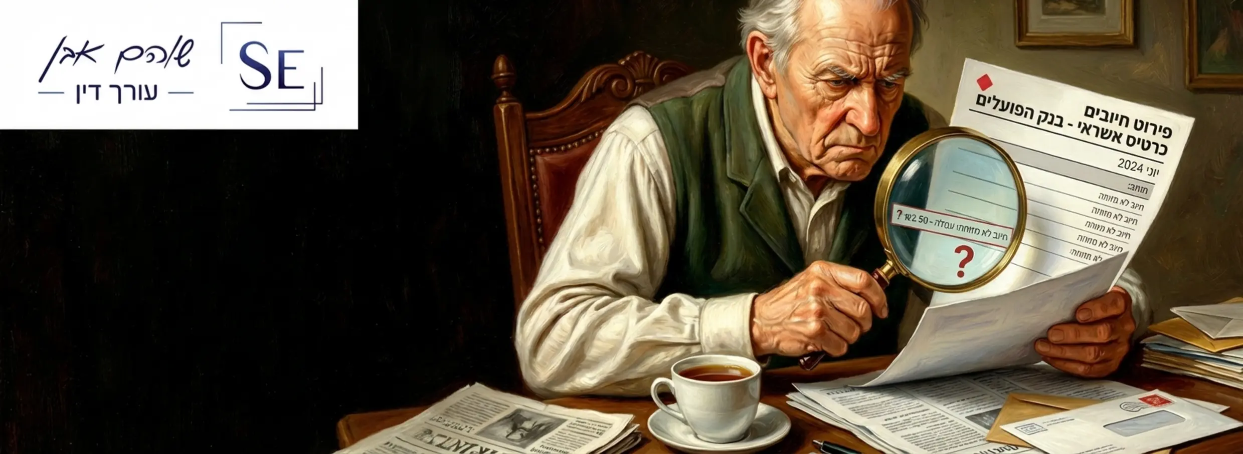 איור מקצועי המציג אדם בוחן בקפידה פירוט חיובים של כרטיס אשראי, עם זכוכית מגדלת המדגישה שורת חיוב קטנה ולא מוכרת