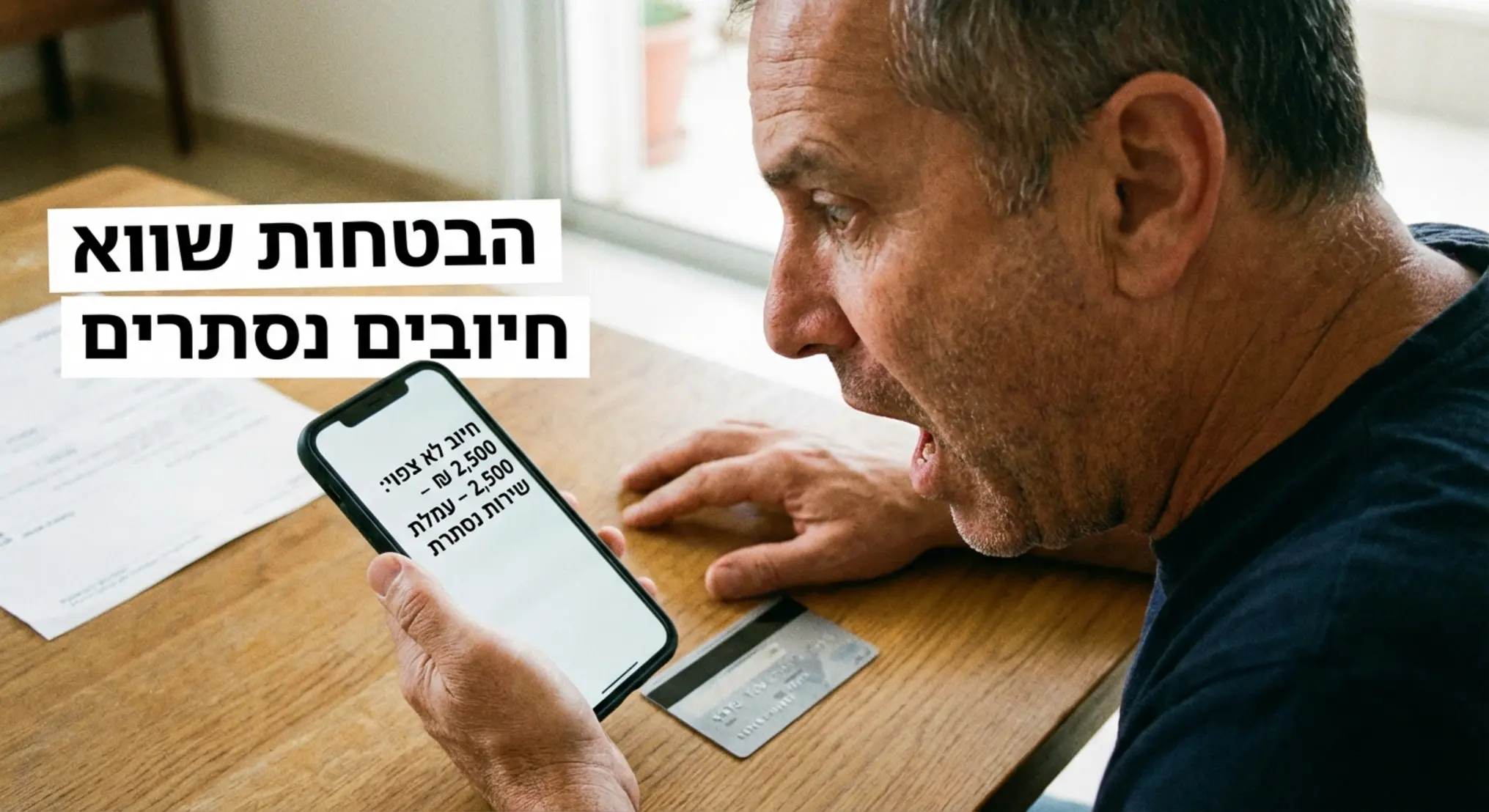 אדם מופתע ומתוסכל מביט במסך טלפון סלולרי המציג חיוב בלתי צפוי, כשכרטיס אשראי מונח בקרבתו. התמונה ממחישה תחושת הלם ואכזבה מהבטחות שווא וחיובים נסתרים.