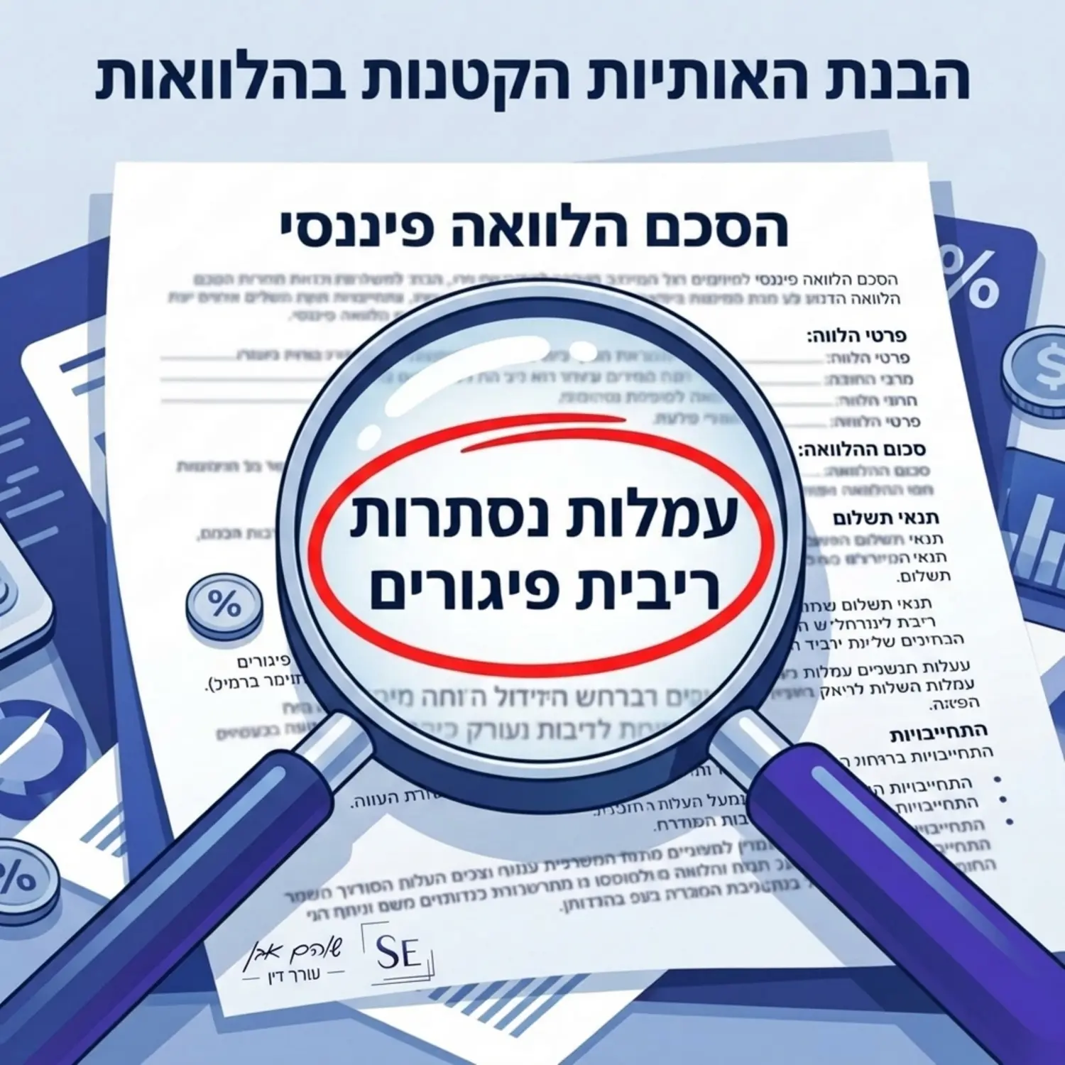 תמונה הממחישה זכוכית מגדלת הבוחנת מסמך הלוואה פיננסי ומדגישה בסמן אדום את סעיף העמלות הנסתרות וריבית הפיגורים