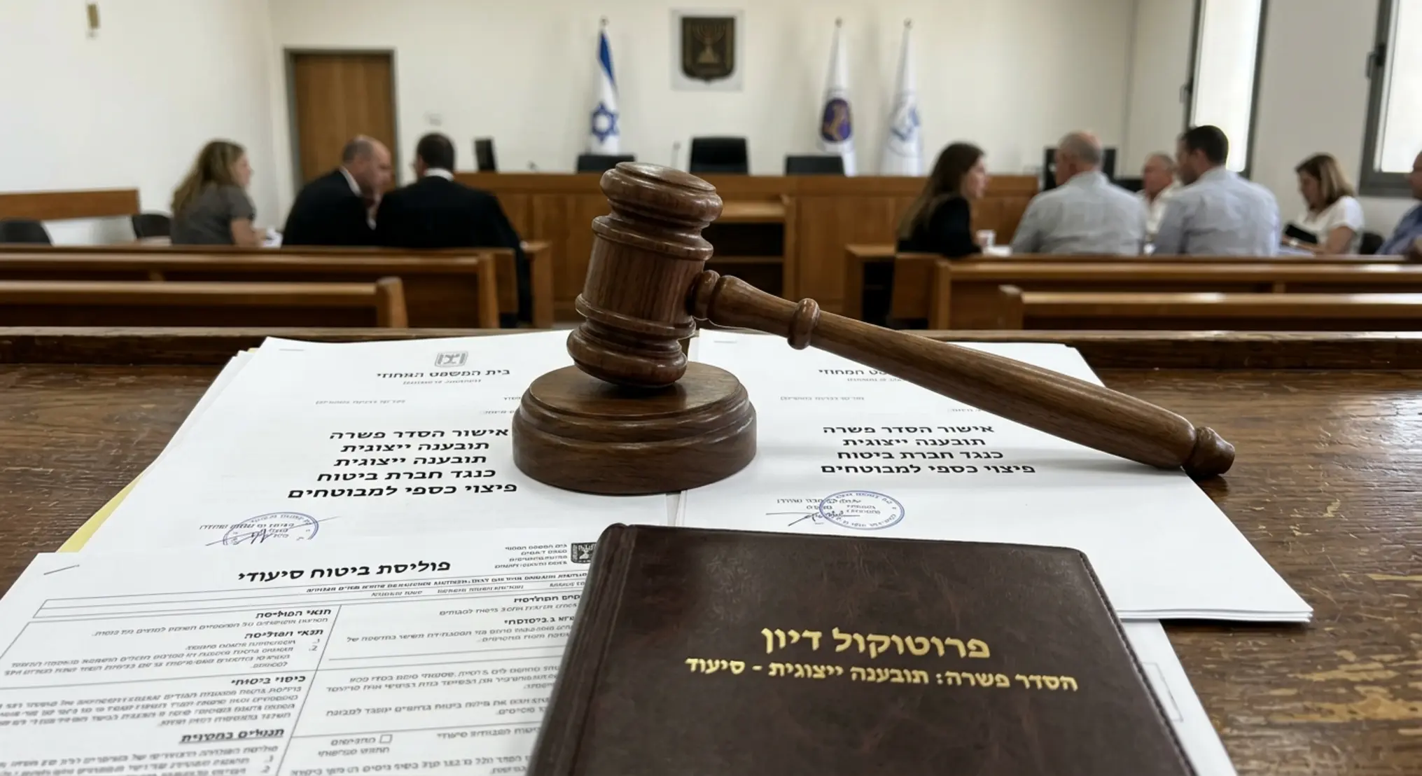 פטיש שופט מעץ מונח על מסמכים משפטיים וטפסי פוליסת ביטוח סיעודי, המייצג את אישור הסדר הפשרה בבית המשפט והפיצוי הכספי למבוטחים במסגרת תובענה ייצוגית נגד חברת ביטוח.