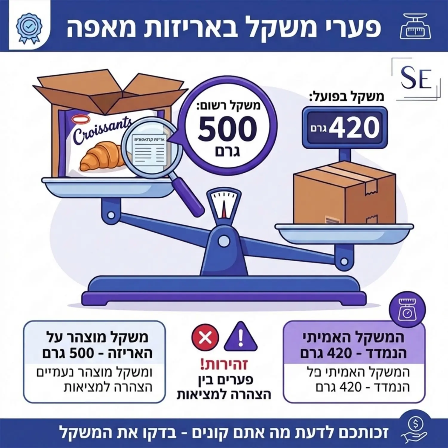 אינפוגרפיקה המציגה מאזניים ועליהם אריזת מאפה המדגימה פער בין המשקל הרשום על האריזה למשקל בפועל