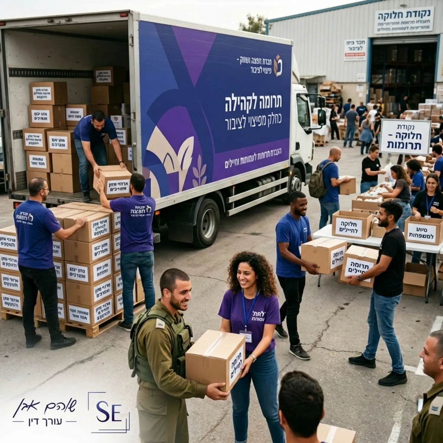 תמונה הממחישה העברת תרומות של ארגזי מזון לעמותות ולחיילים על ידי חברה מסחרית כחלק מפיצוי לציבור