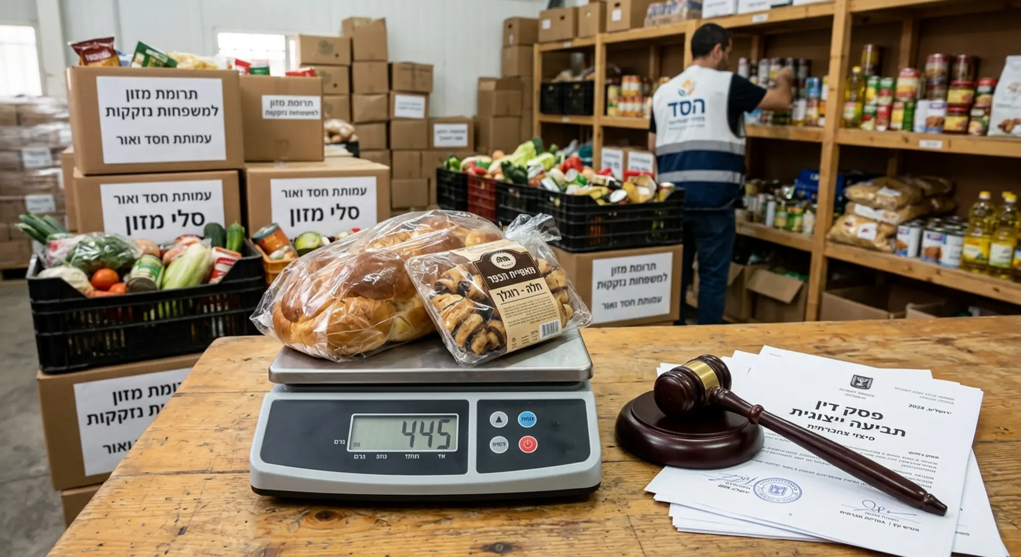 תמונה המציגה מאפים ארוזים המונחים על משקל מטבח דיגיטלי המציג סטייה במשקל, לצד פטיש עץ של שופט המונח על מסמכים משפטיים רשמיים. ברקע נראים ארגזי מזון המיועדים לתרומה למשפחות נזקקות, המעבירים את המסר של פיצוי צרכני ואחריות חברתית.
