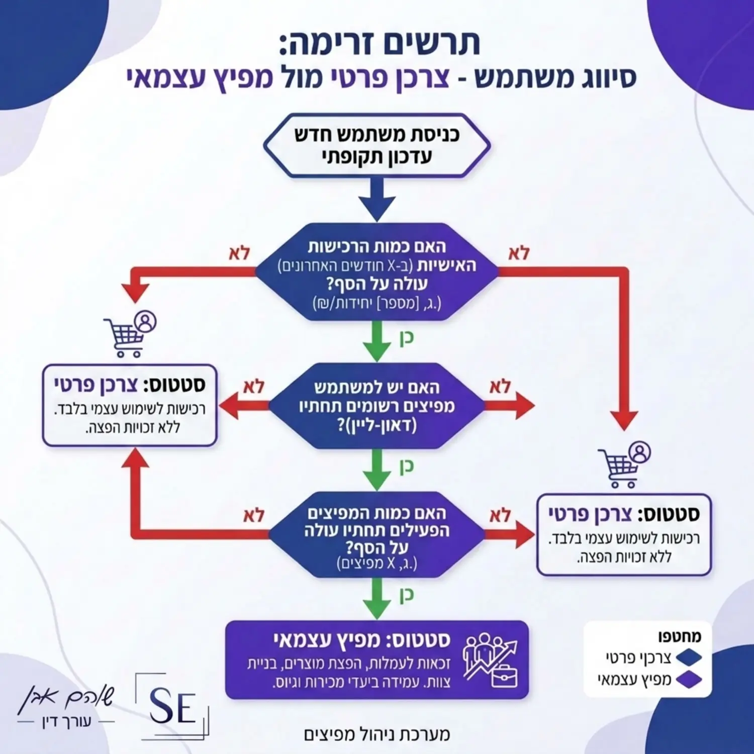 תרשים זרימה שמסביר צעד אחר צעד איך המערכת מסננת ומחליטה מי מוגדר כצרכן פרטי לעומת מי שמוגדר כמפיץ עצמאי לפי כמות הקניות והמפיצים שתחתיו