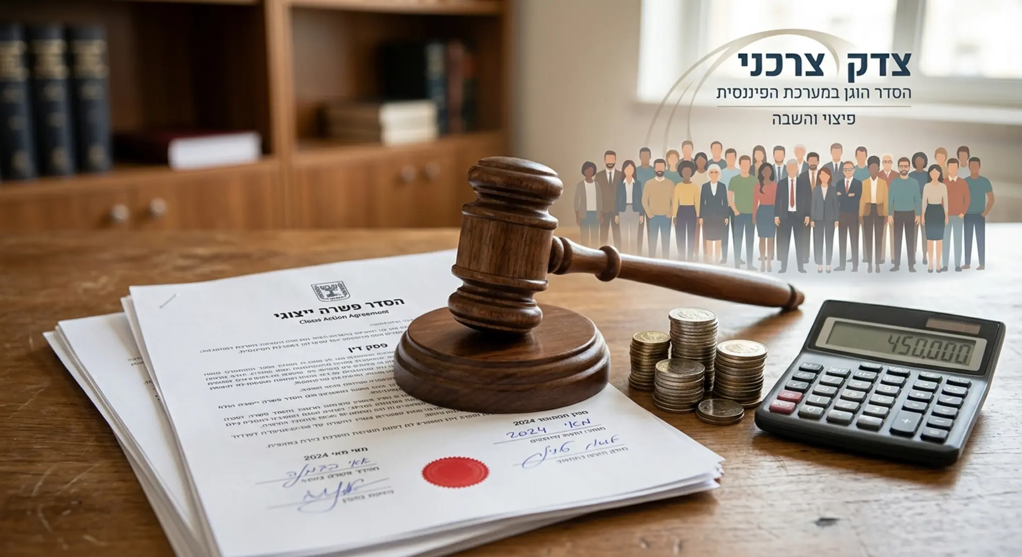 תיאור לתמונה: פטיש שופט מעץ המונח על גבי מסמכי הסכם חתומים, לצד ערימת מטבעות ומחשבון המסמלים פיצוי והשבה כספית. ברקע מופיע ייצוג גרפי עדין של קבוצת אנשים (חברי הקבוצה), המעניק תחושה של צדק צרכני והסדר משפטי הוגן במערכת הפיננסית.