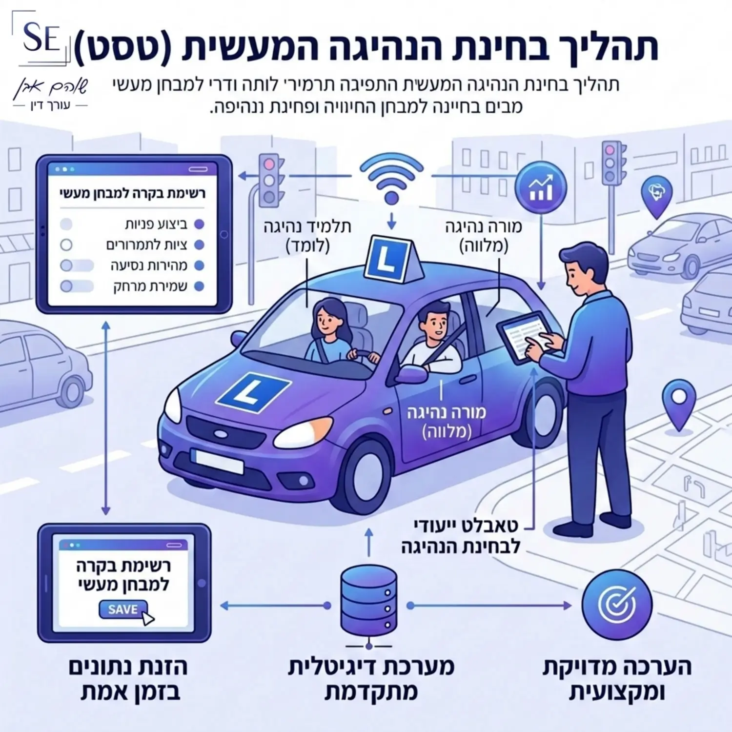 תמונה הממחישה תלמיד נהיגה ומורה יושבים ברכב לימוד נהיגה מול בוחן המקליד נתונים לתוך טאבלט ייעודי