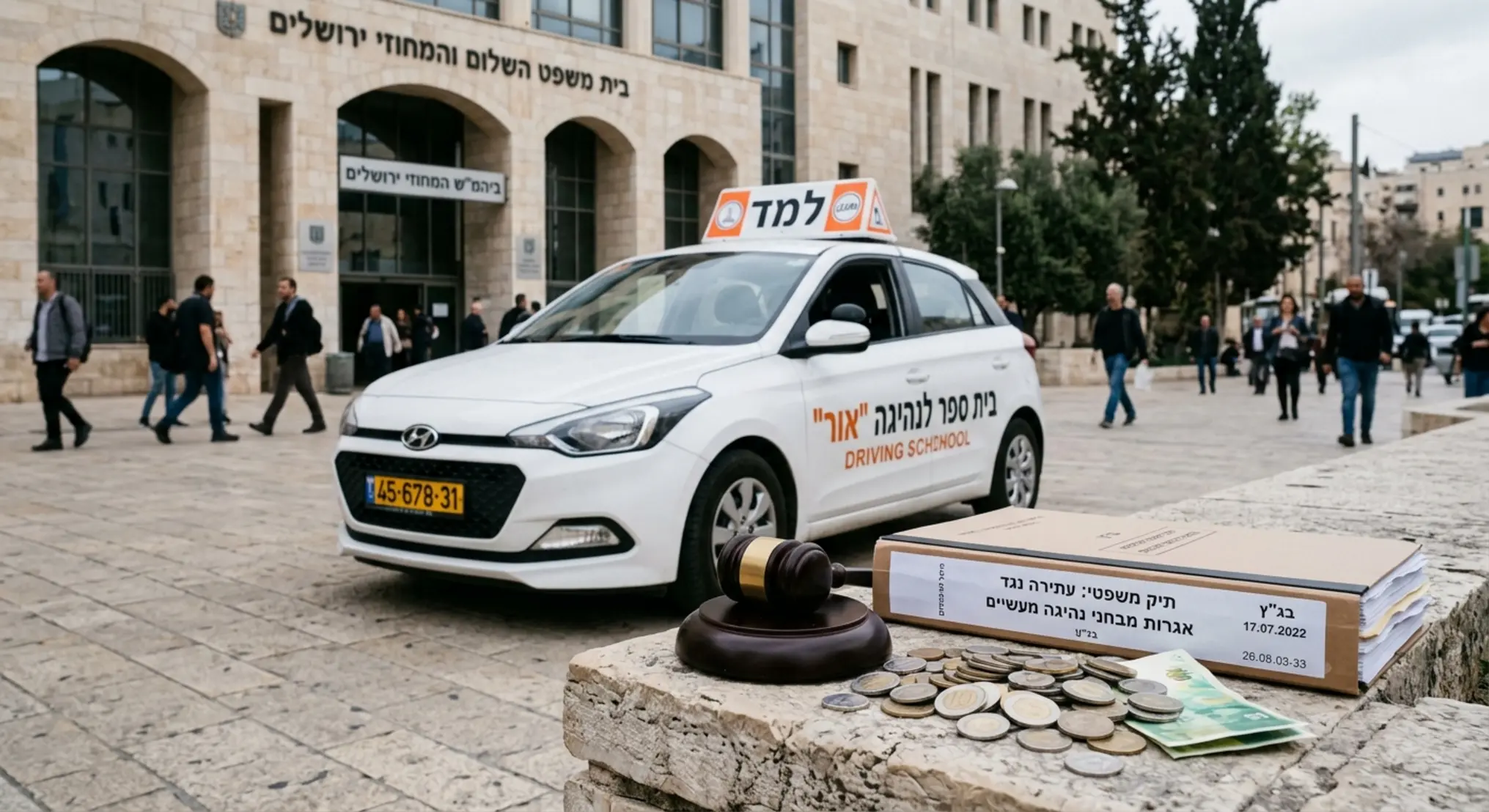 תצלום של רכב לימוד נהיגה עם שלט "למד" חונה בחזית מבנה בית משפט, כשבקדמת התמונה מונחים פטיש שופט, מסמכים משפטיים וערימת מטבעות, הממחישים את המחלוקת המשפטית בנושא גביית אגרות עבור מבחני נהיגה מעשיים.