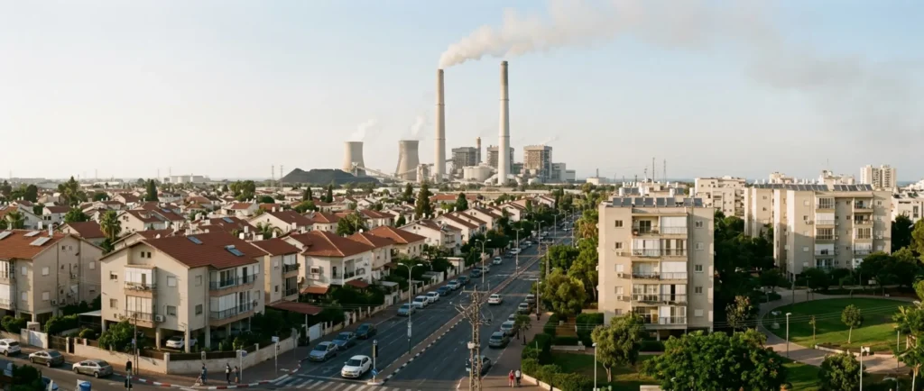 צילום פנורמי של שכונת מגורים בחדרה, כשברקע מתנשאות הארובות האיקוניות של תחנת הכוח "אורות רבין". התמונה מציגה שילוב בין בתי מגורי ותשתיות אזרחיות לבין המתחם התעשייתי המסיבי, הממחיש את הקרבה הגיאוגרפית שעמדה במוקד התביעה הייצוגית בגין מפגעי האבק והאפר.