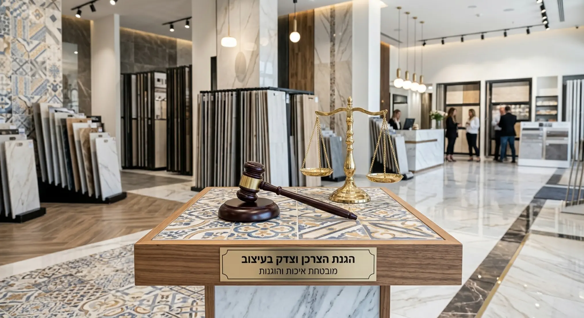 אולם תצוגה מודרני ויוקרתי לריצוף וקרמיקה, שבמרכזו מונח פטיש שופט מעץ על גבי אריח מעוצב, לצד מאזני צדק מוזהבים, המשלב ויזואלית בין עולם עיצוב הבית לבין עולם המשפט והגנת הצרכן.