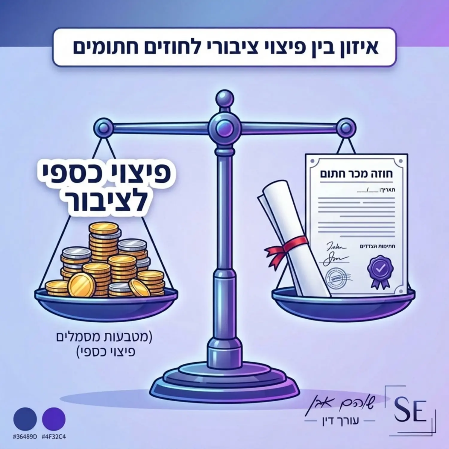 כפות מאזניים שעליהן מונחים מצד אחד מטבעות המסמלים פיצוי כספי לציבור ומצד שני מסמך חוזה מכר חתום