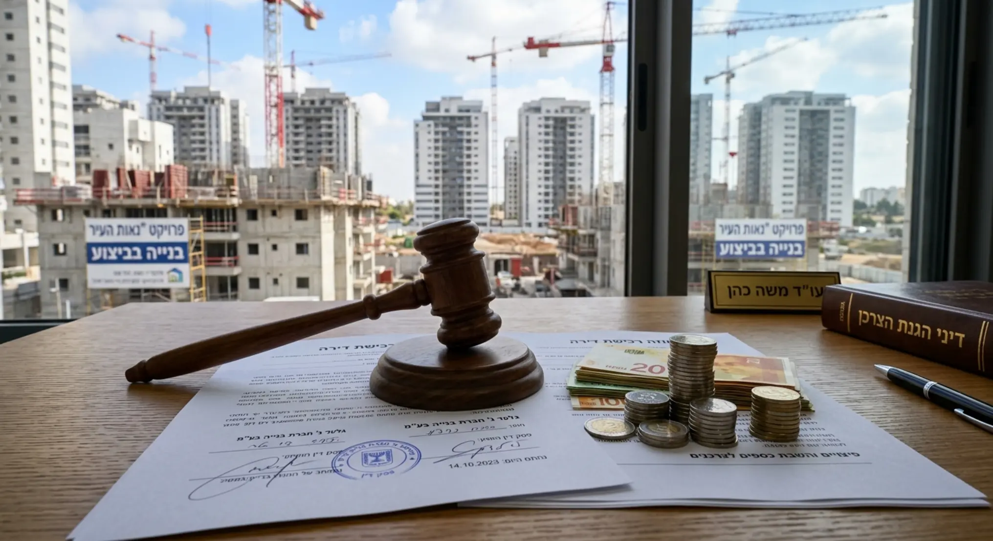תמונה המציגה פטיש שופט מעץ המונח על גבי חוזה חתום לרכישת דירה, כשברקע נראים בנייני מגורים חדשים ומנופי בנייה. לצד החוזה מונחת ערימת מטבעות המסמלת את הפיצוי הכספי והשבת הכספים לצרכנים, והקומפוזיציה כולה משדרת שילוב בין עולם המשפט, הנדל"ן והגנת הצרכן.