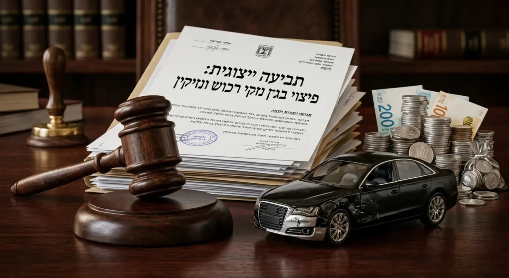 תמונה קונספטואלית ויוקרתית המציגה פטיש שופטים מעץ המונח לצד דגם של מכונית עם פגיעה במגן הקדמי, על רקע מסמכים משפטיים וערמת מטבעות כסף. התאורה ממוקדת ויוצרת אווירה רצינית המשלבת בין עולם הביטוח, הנזיקין והצדק המשפטי, וממחישה את נושא הפיצוי הכספי בעקבות תביעה ייצוגית.