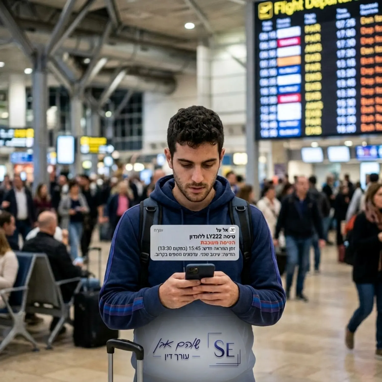 תמונה של נוסע בנמל תעופה מסתכל בטלפון הנייד שלו וקורא הודעת עדכון על עיכוב טיסה, ברקע לוח המראות מטושטש