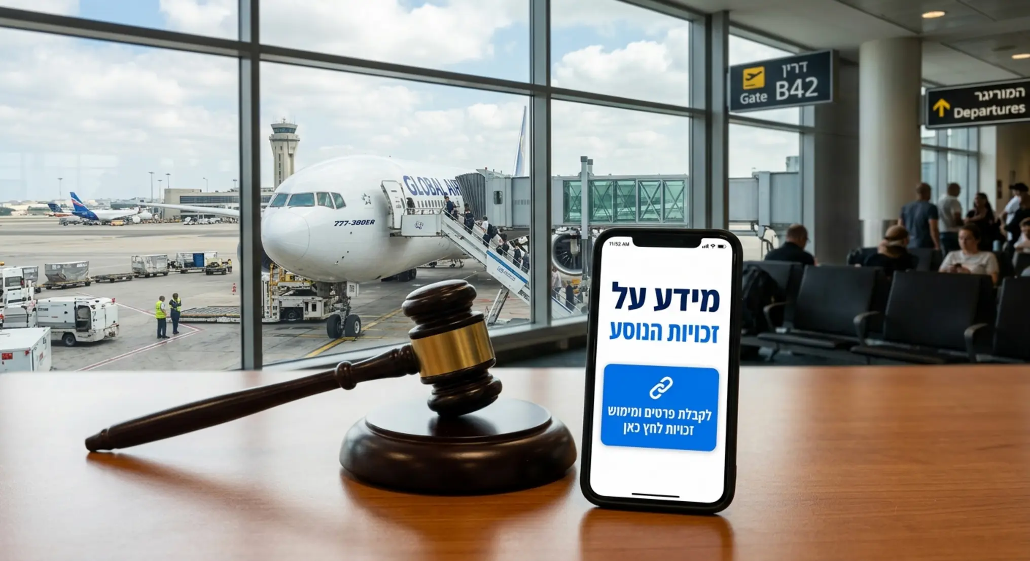 תמונה מקצועית ונקייה המשלבת בין עולם התעופה לעולם המשפט: במרכז התמונה נראה מטוס נוסעים גדול חונה בשער העלייה למטוס בנמל תעופה על רקע חלון טרמינל גדול. בקדמת התמונה, על גבי משטח עץ, מונח פטיש שופטים לצד טלפון חכם המציג הודעה דיגיטלית בולטת עם הכיתוב "מידע על זכויות הנוסע" וסימן של לינק (קישור) ללחיצה. התמונה משדרת אמינות, שקיפות ומימוש זכויות צרכניות בדרכים טכנולוגיות.