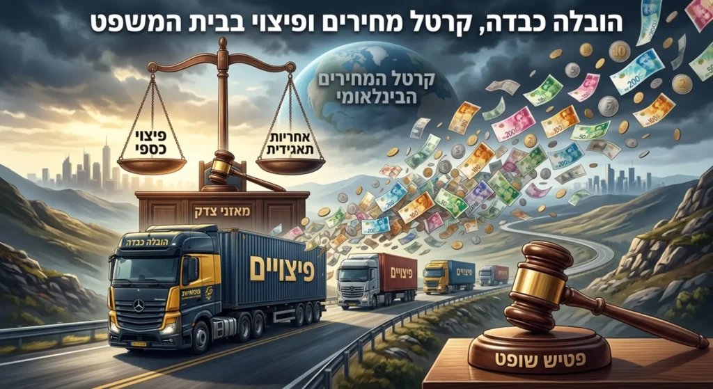 איור דיגיטלי המשלב שיירת משאיות כבדות על רקע מאזני צדק ופטיש שופט, כאשר מאחורי המשאיות נראים שטרות כסף ומטבעות המתפזרים ברוח, הממחישים את הקשר בין ענף התובלה, קרטל המחירים הבינלאומי והפיצוי הכספי שנפסק בבית המשפט.