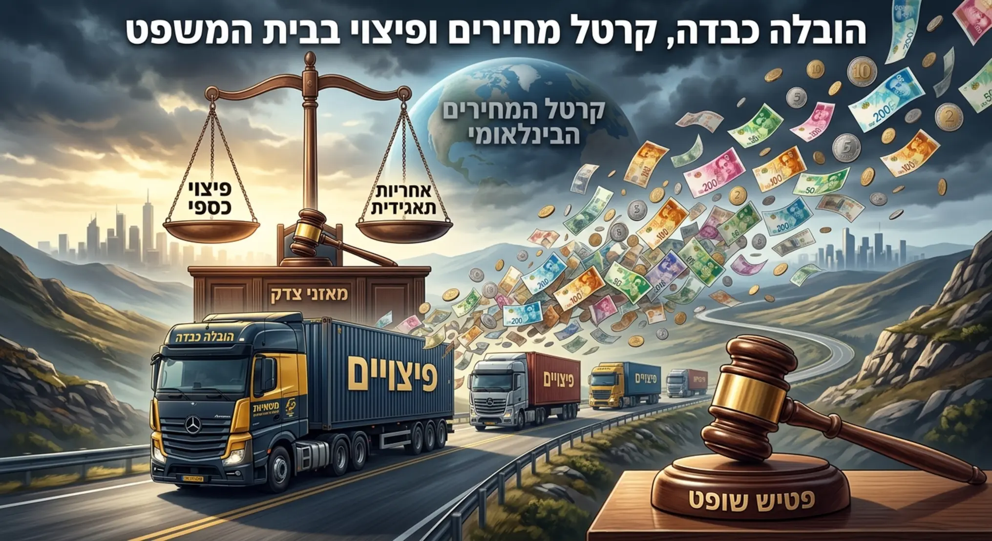 איור דיגיטלי המשלב שיירת משאיות כבדות על רקע מאזני צדק ופטיש שופט, כאשר מאחורי המשאיות נראים שטרות כסף ומטבעות המתפזרים ברוח, הממחישים את הקשר בין ענף התובלה, קרטל המחירים הבינלאומי והפיצוי הכספי שנפסק בבית המשפט.